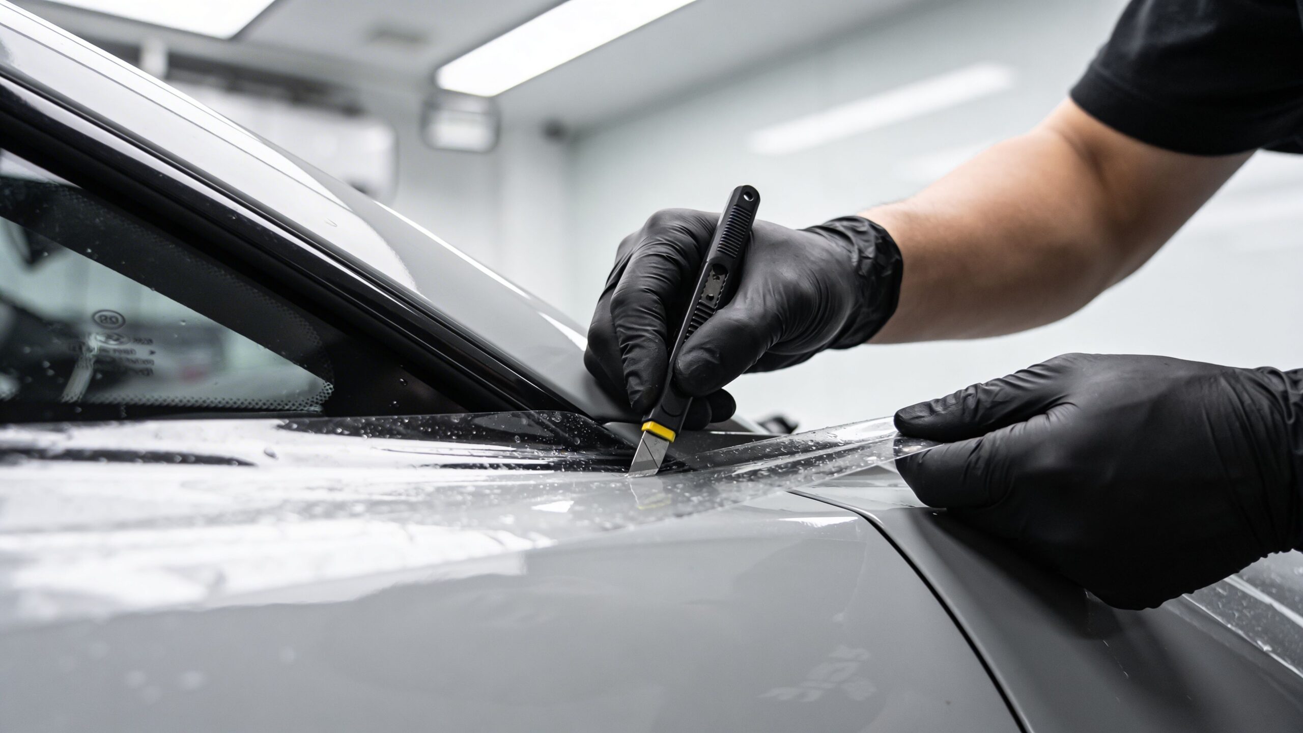Expert Paint Protection Film Installation in Whitby 4 A technician wearing black gloves uses a precision utility knife to trim paint protection film on a car