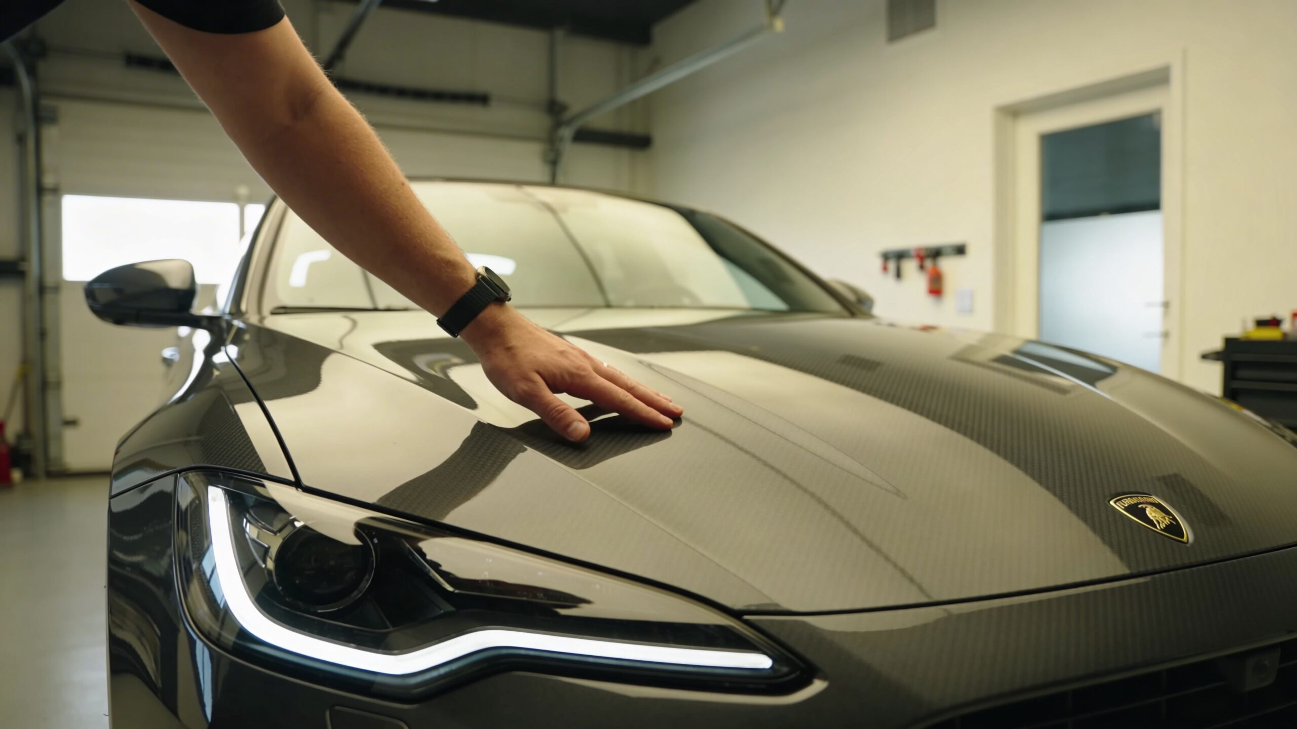 Expert Paint Protection Film Installation in Whitby 1 A technician inspects the carbon fiber hood of a Lamborghini in a professional automotive garage setting.