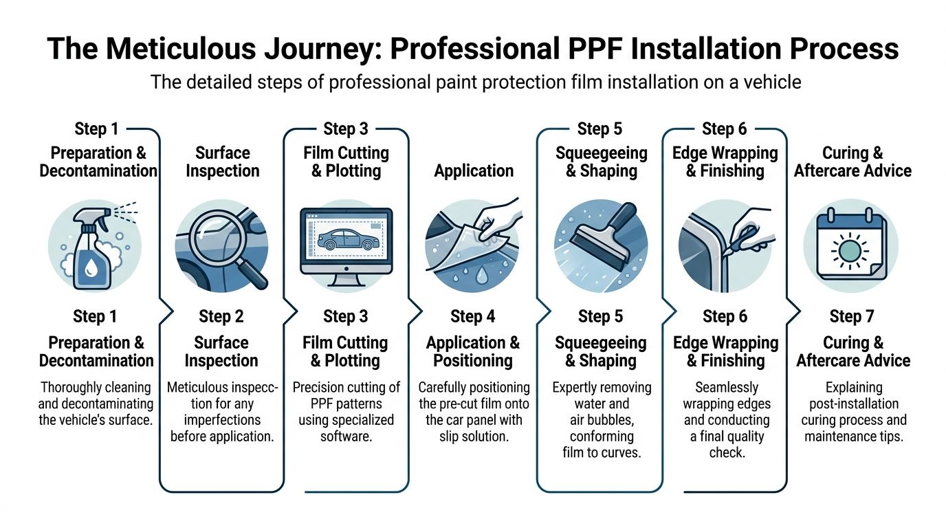 Expert Paint Protection Film Installation in Whitby 3 An infographic showing the seven detailed steps of a professional paint protection film installation process on vehicles.