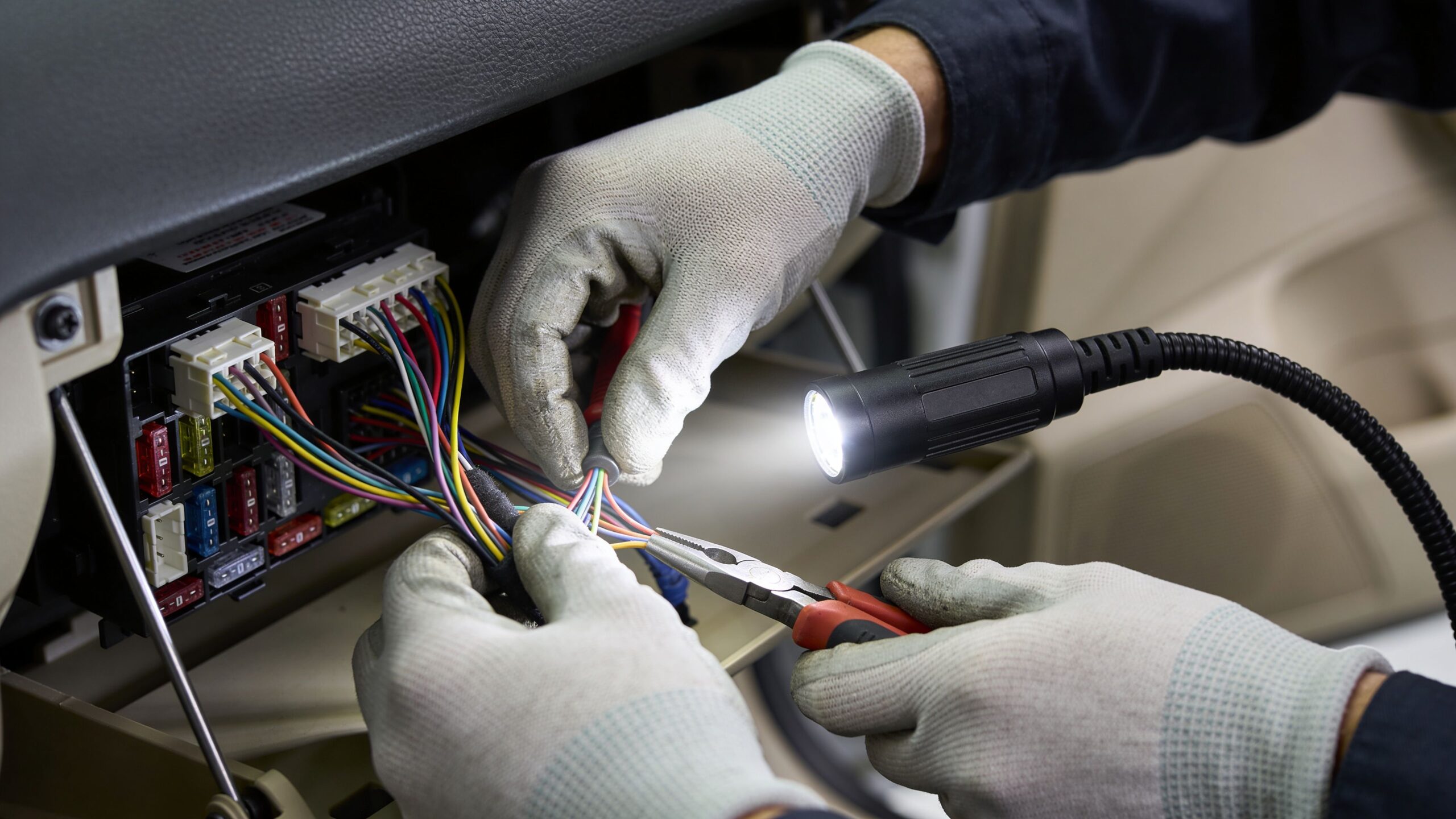 A technician wearing protective gloves using pliers to wire a remote start system into a car dashboard.
