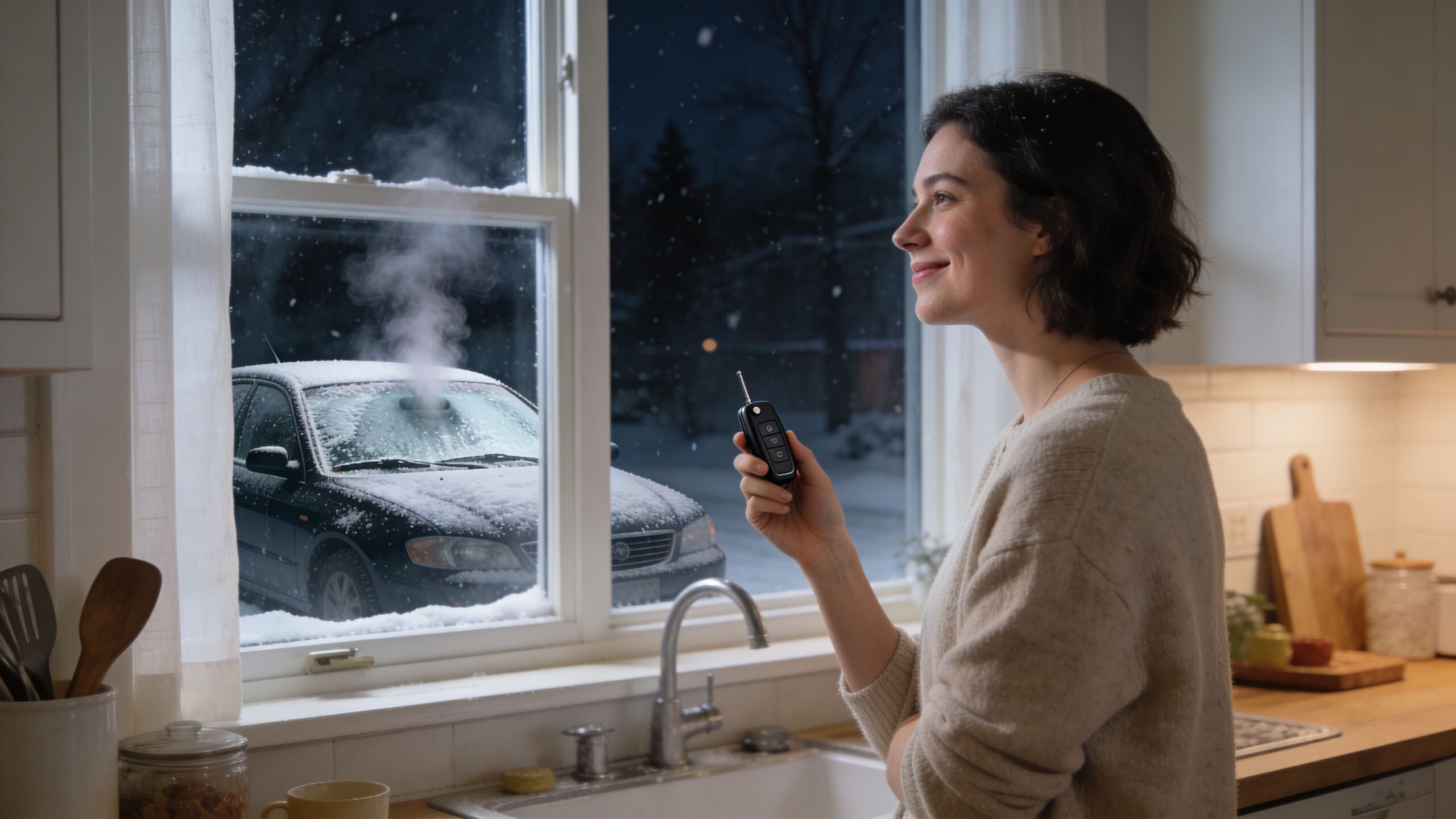 A woman smiles while using a car remote starter to warm up her vehicle on a snowy day.