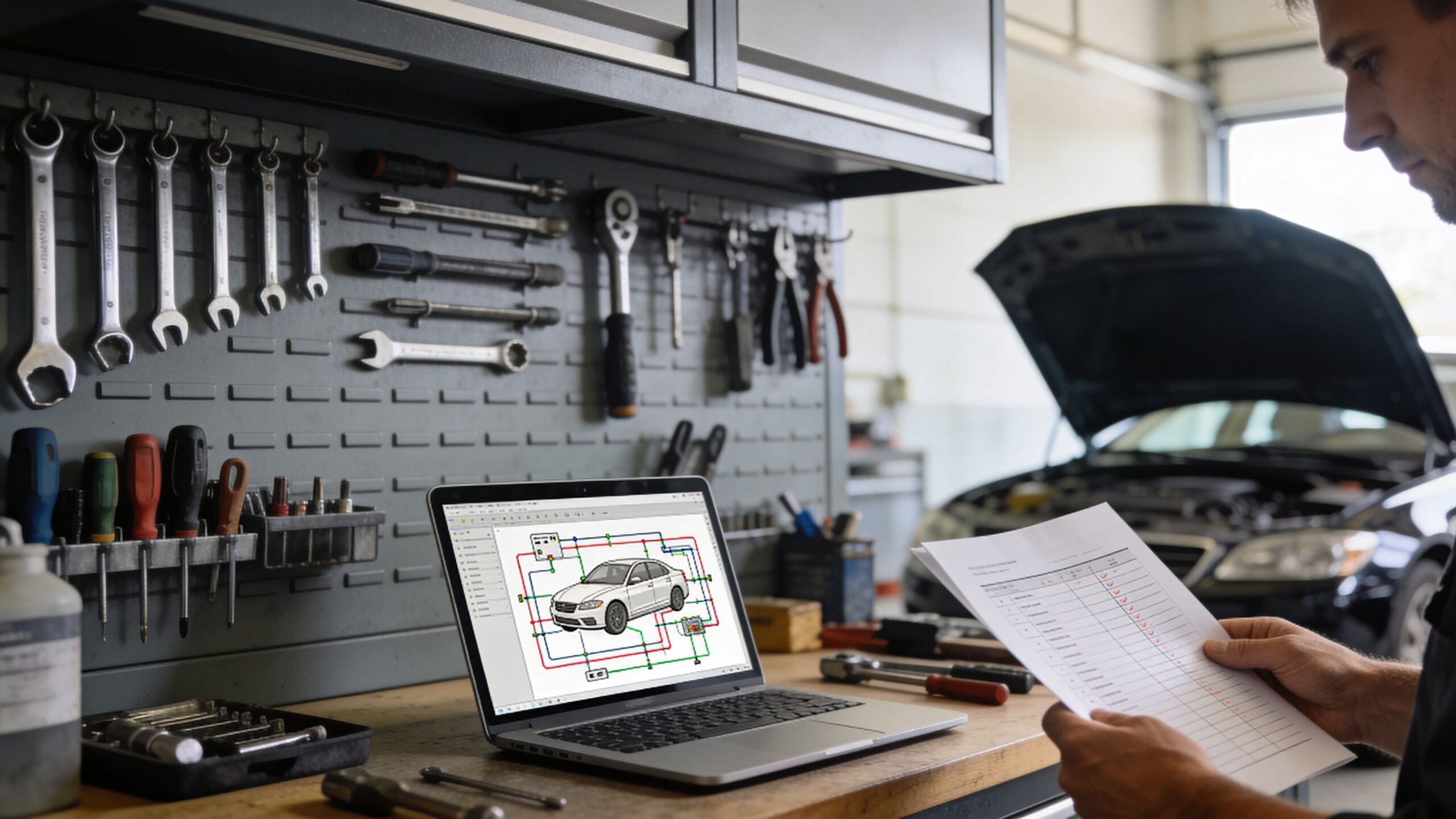 A mechanic reviewing a vehicle wiring diagram on a laptop while holding a maintenance checklist in a garage.