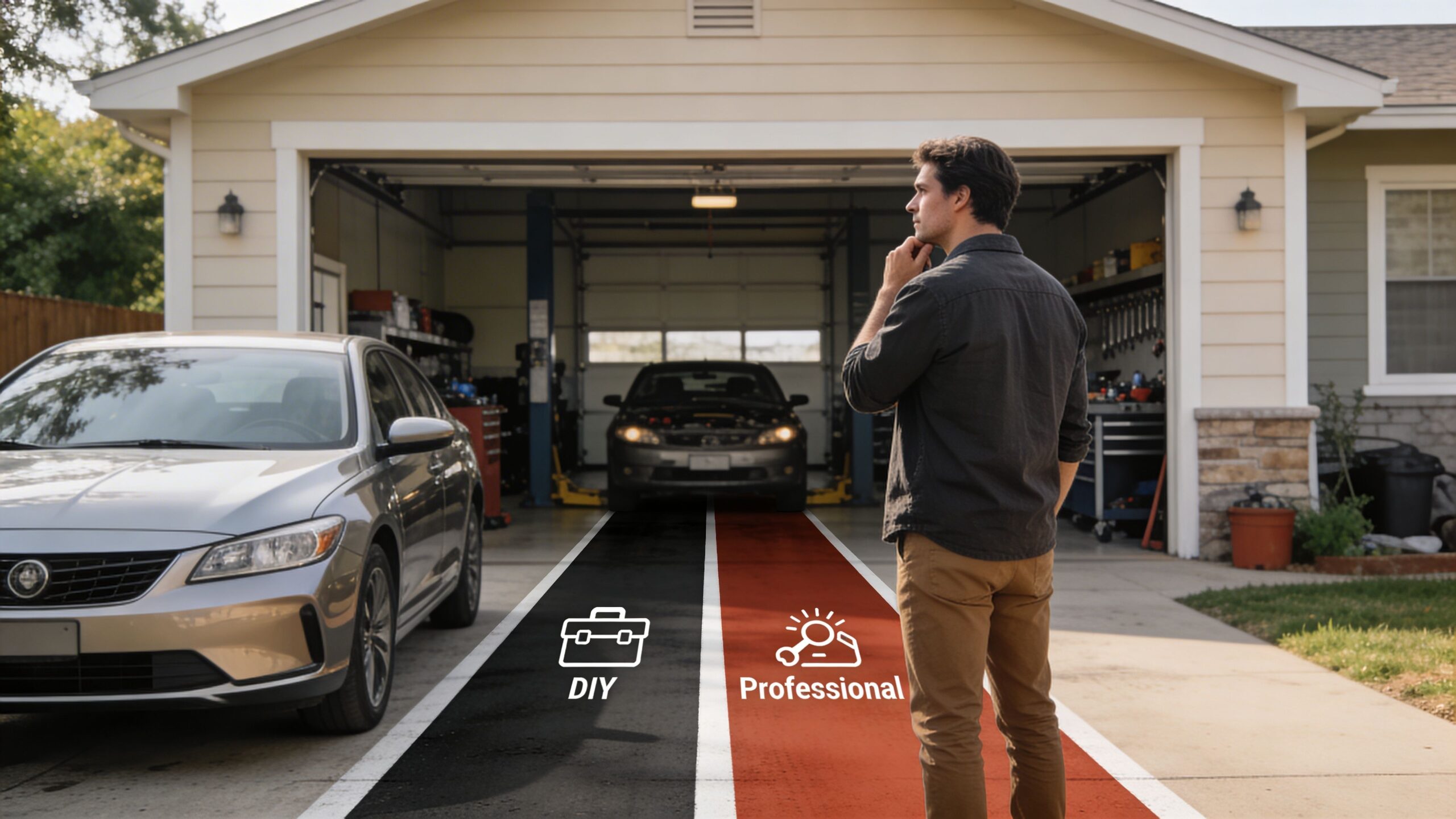 Remote Starter for Cars Installation: A Complete 2026 Guide 4 A man standing in a driveway contemplating remote starter for cars installation options between DIY and professional services.