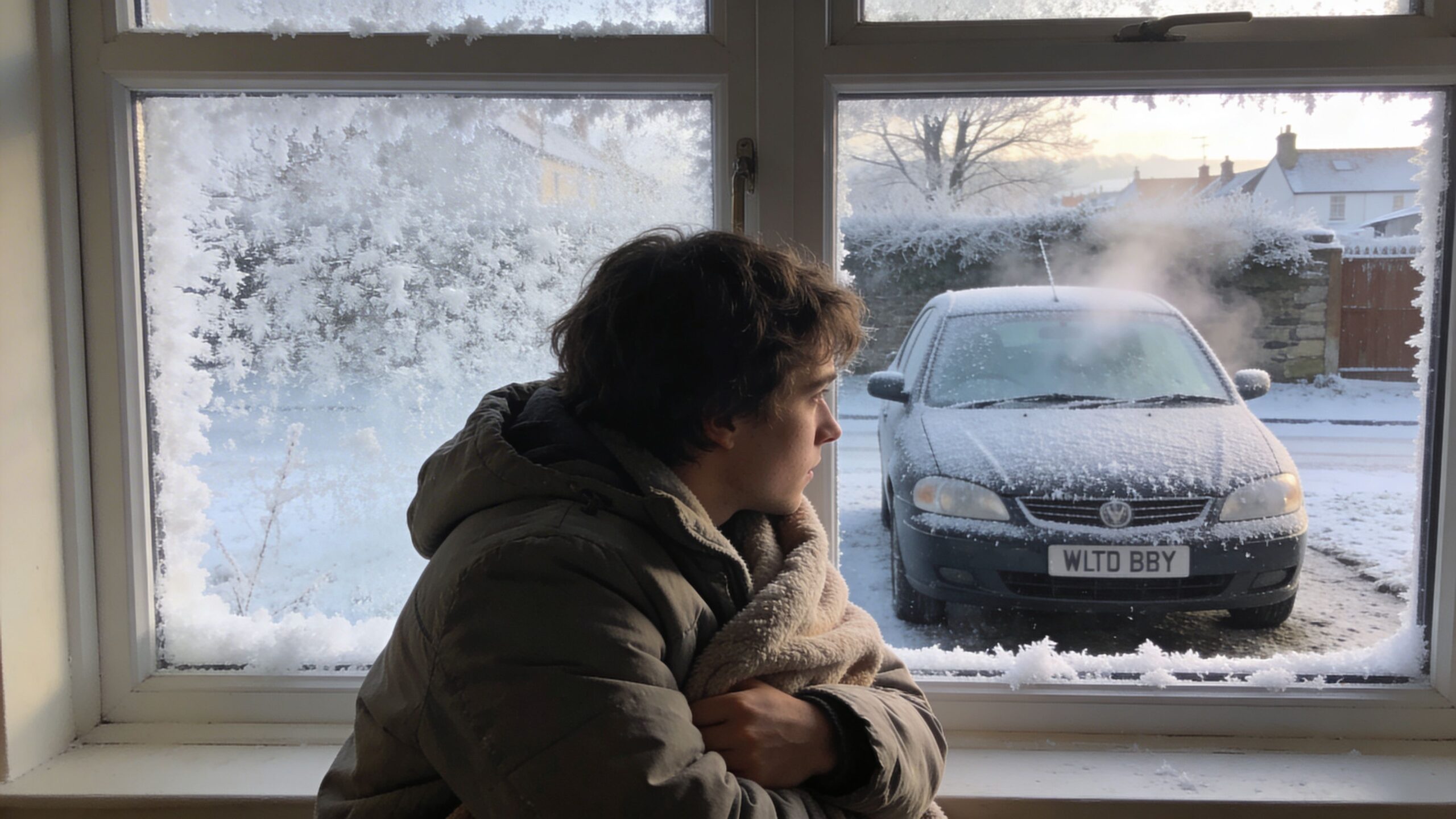Remote Starter for Cars Installation: A Complete 2026 Guide 1 A person sitting by a frozen window watching steam rise from a car on a cold winter day.