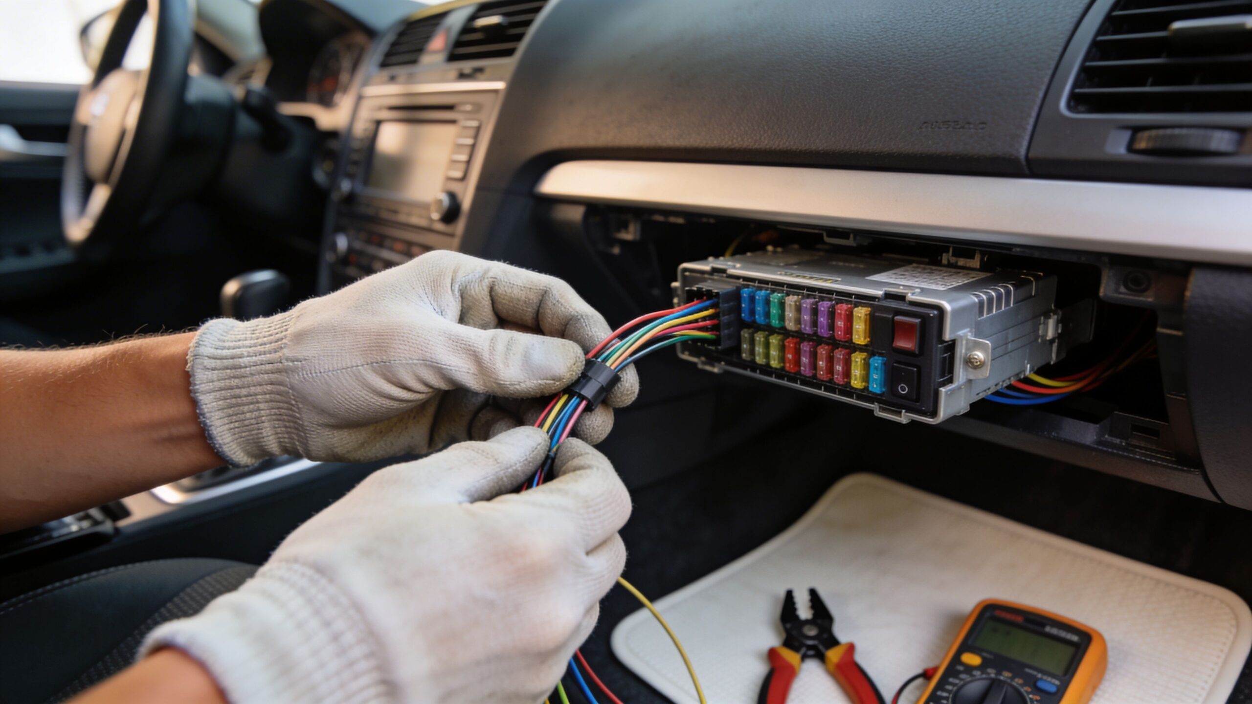 Remote Starter for Cars Installation: A Complete 2026 Guide 3 A technician wearing work gloves wiring an electronic control module inside a car dashboard during installation.