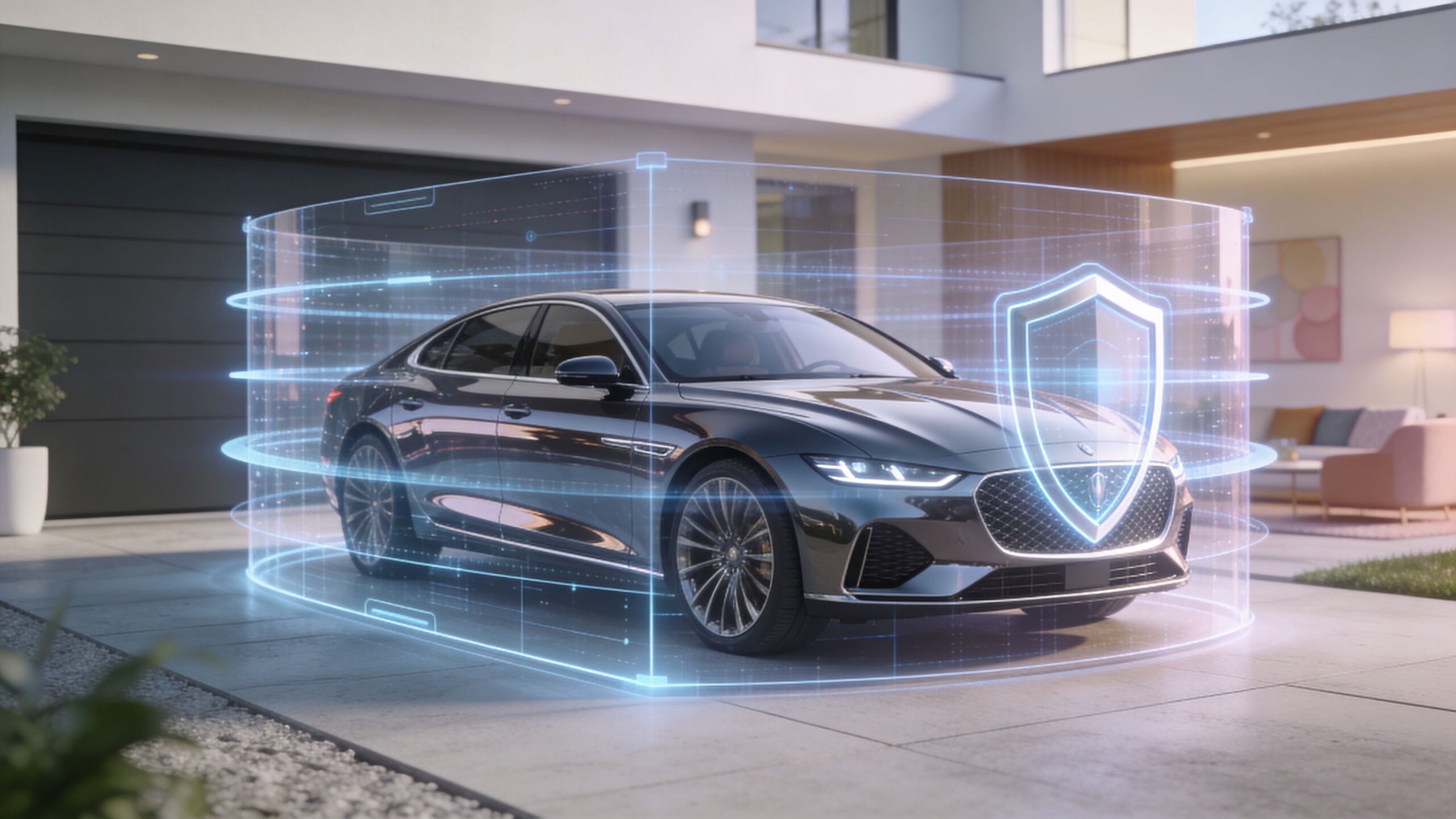 A modern luxury car parked in a driveway surrounded by a digital holographic security shield projection.