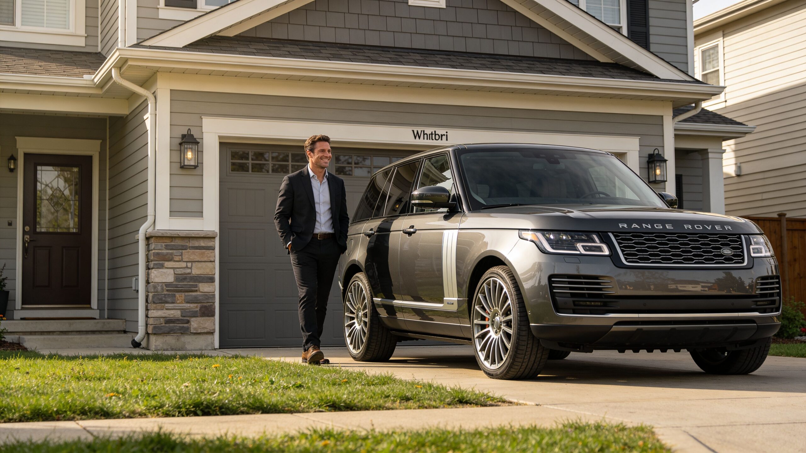 A professional man in a suit walking next to his luxury grey Range Rover SUV at home.