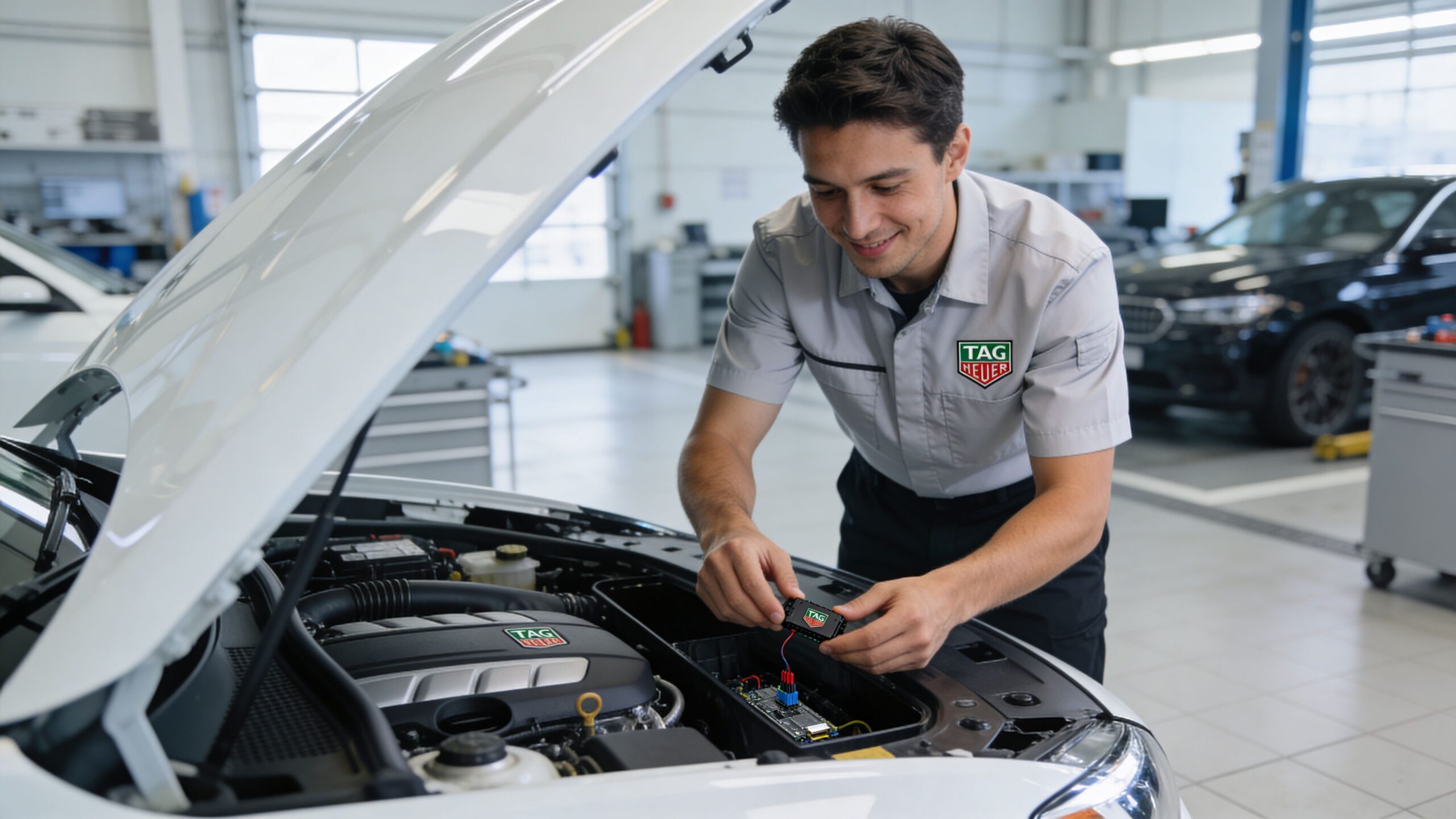 A professional technician wearing a Tag Heuer branded shirt working on a car engine in a garage.