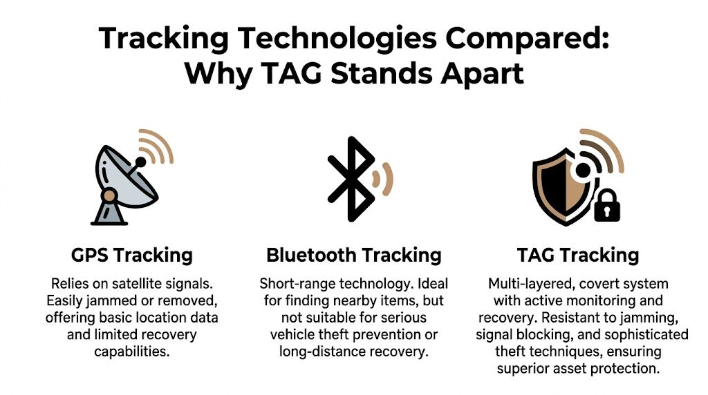 A comparison chart highlighting the benefits of TAG tracking technology over GPS and Bluetooth tracking systems.