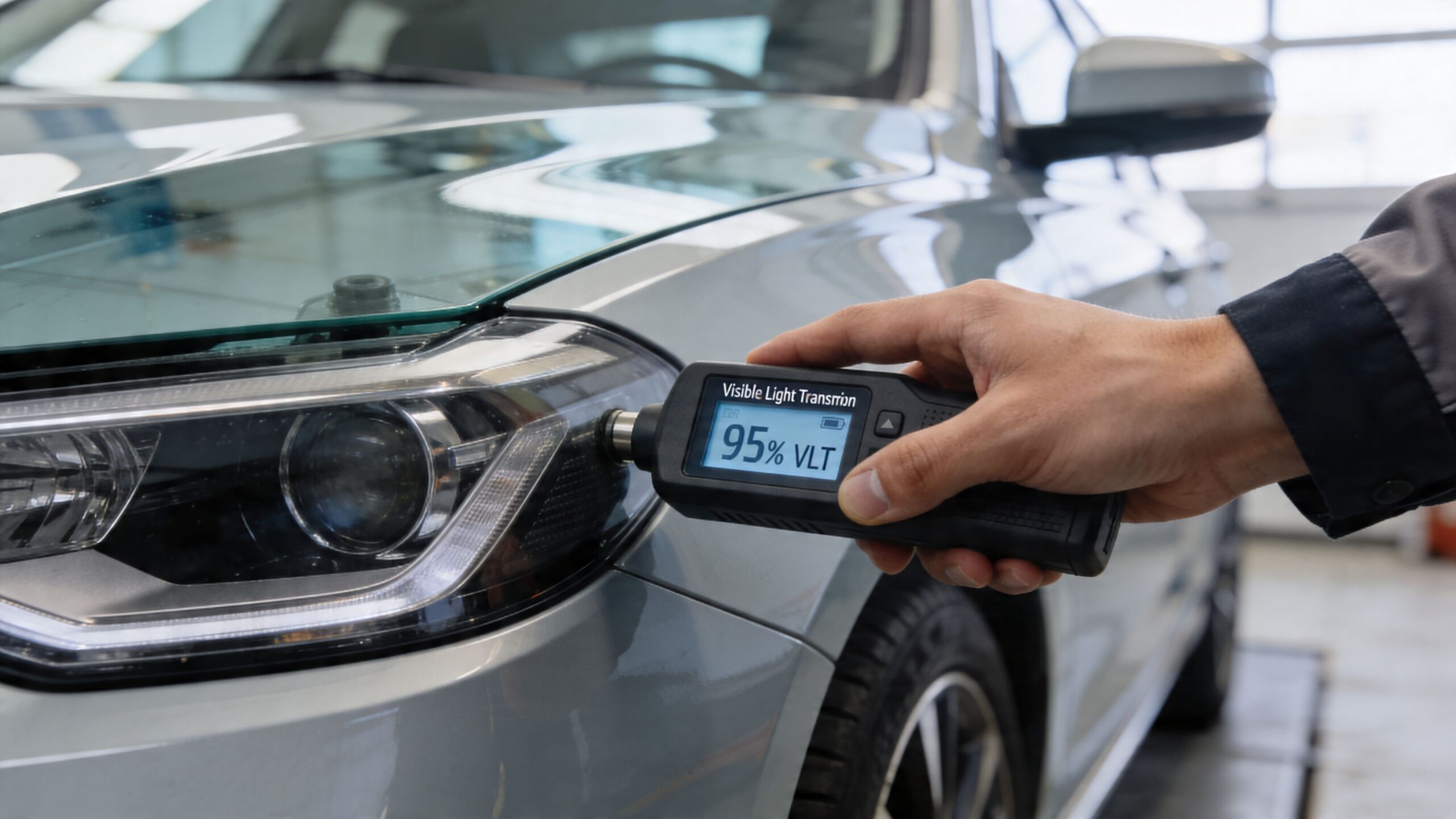 A technician uses a portable meter to measure the visible light transmission of a car headlight lens.