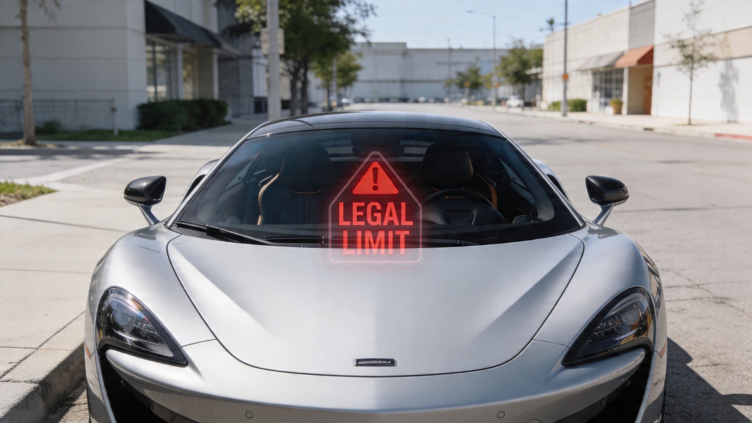 A silver sports car parked on a street with a red warning sign saying legal limit displayed.