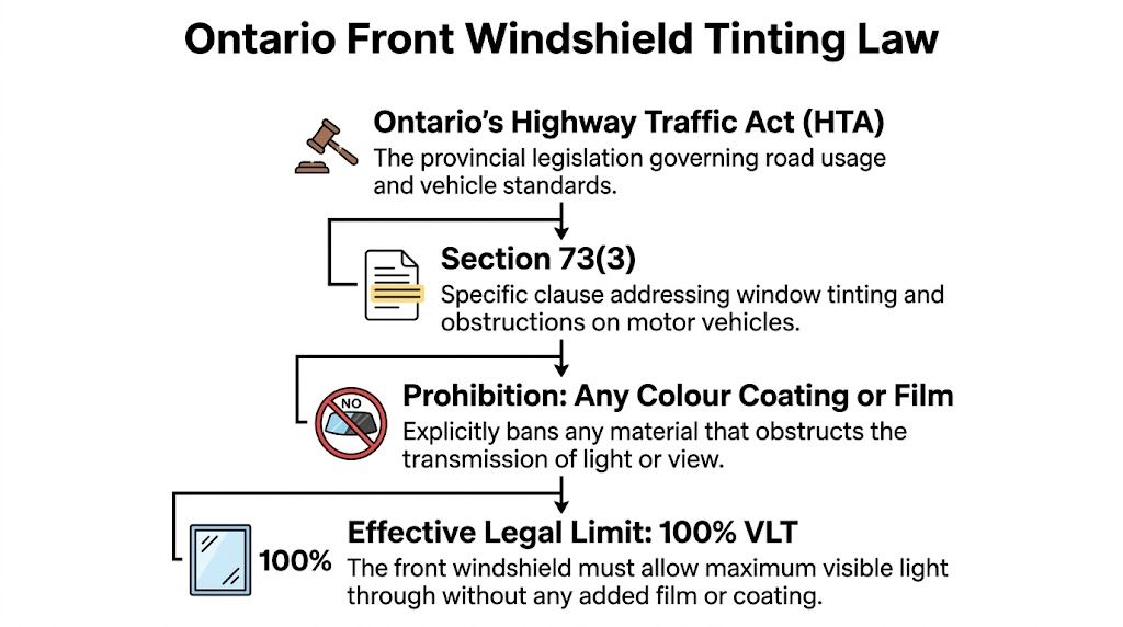 A flow chart explaining the Ontario front windshield tinting law and the 100% VLT requirement.