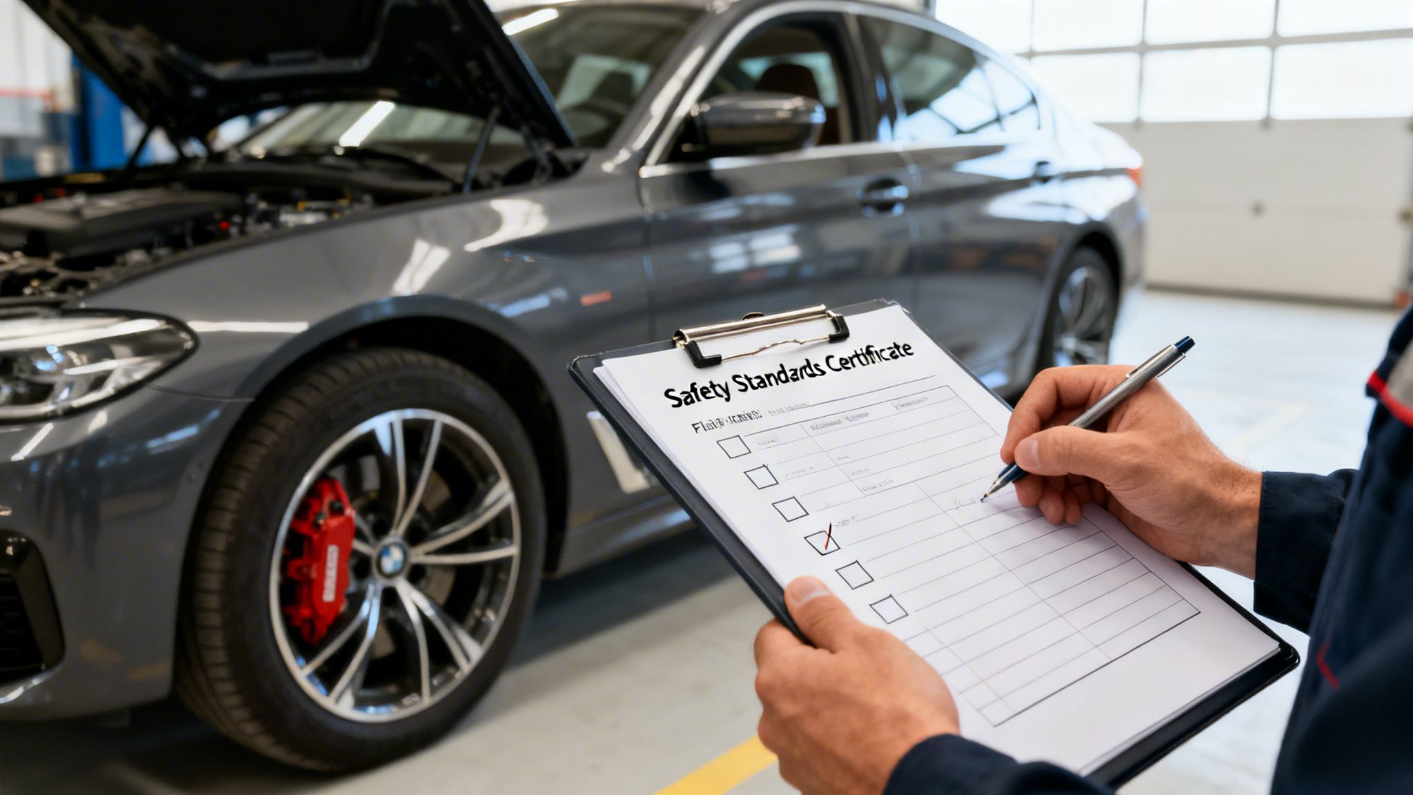 Mechanic inspecting a car's safety standards, marking a checklist in a garage.