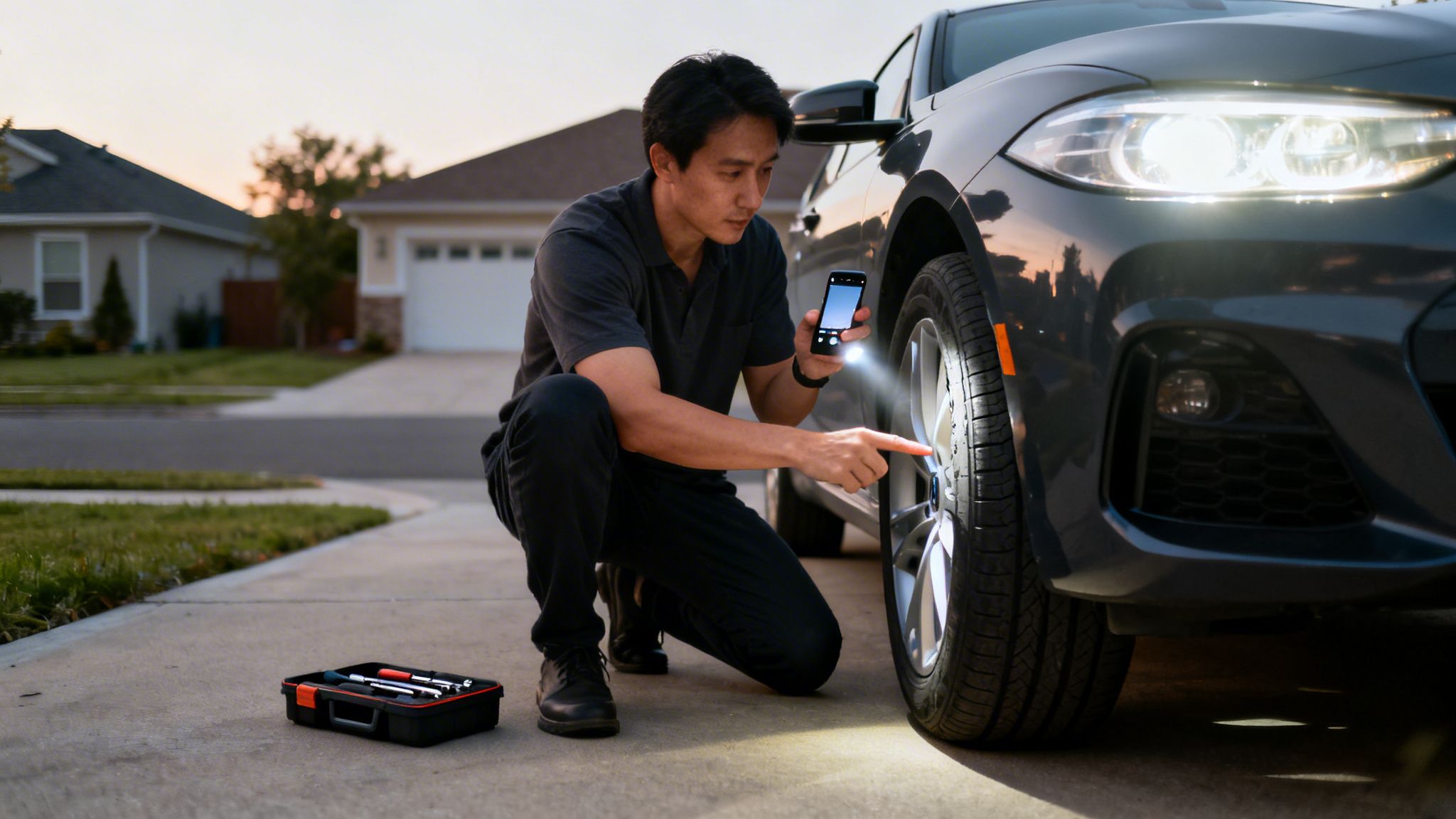 A man inspects a car tire with his smartphone flashlight, a toolbox nearby on the driveway.