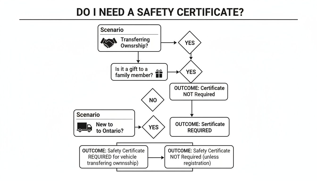 Flowchart outlining when a safety certificate is required for vehicle ownership or registration.