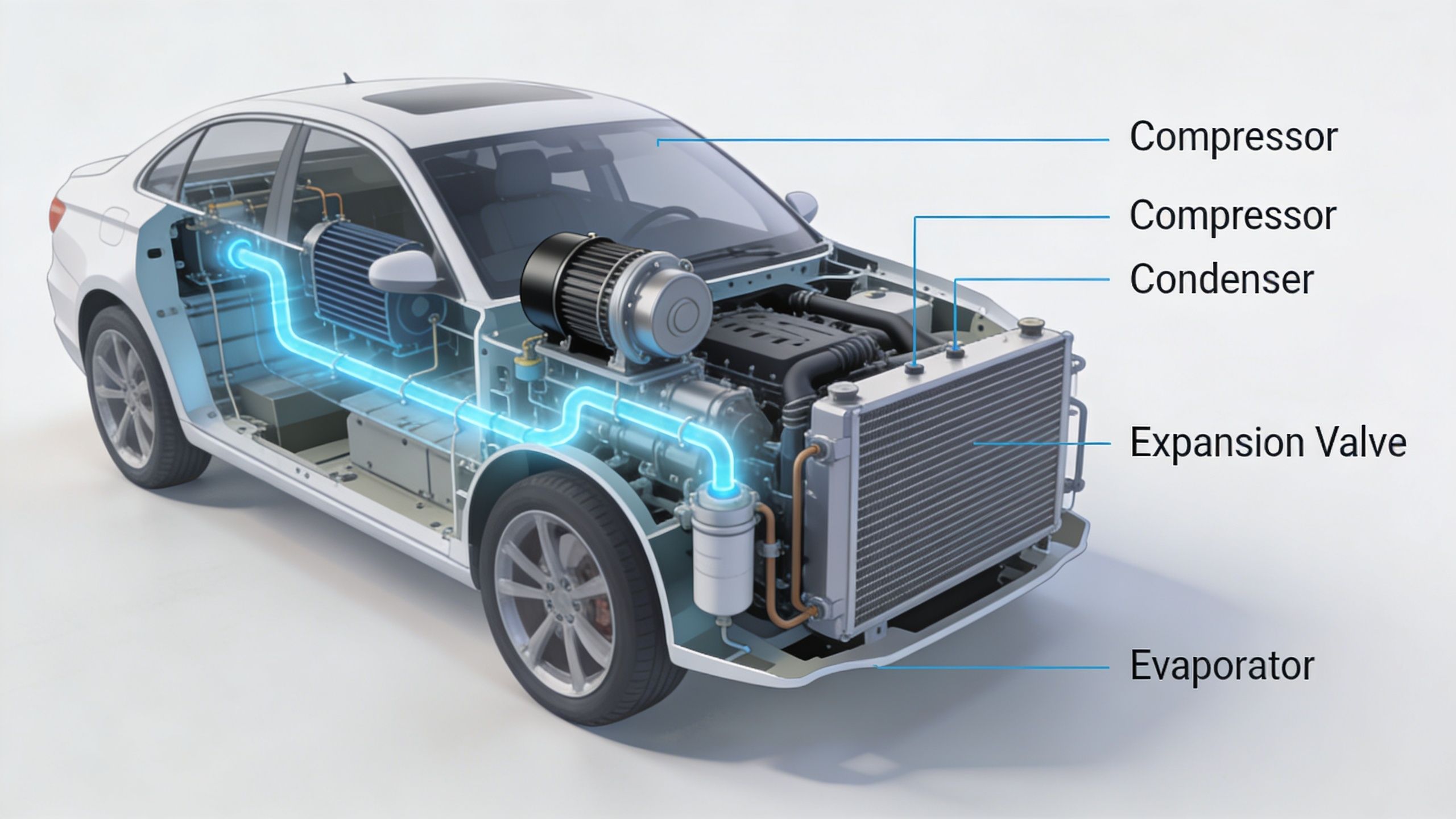 A diagram of a vehicle showing the internal components of an automotive air conditioning system.