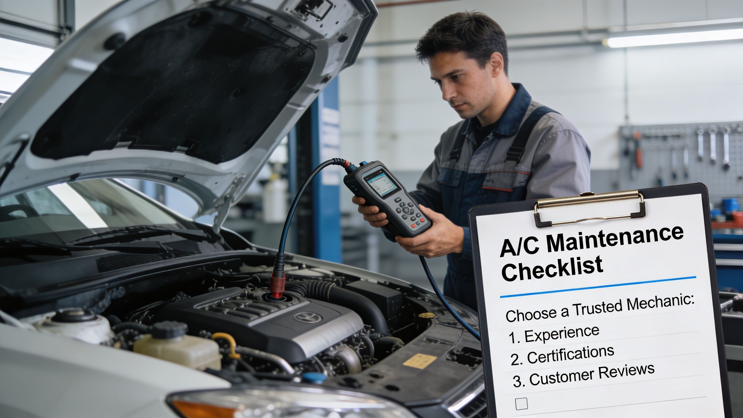 A professional mechanic in a garage using a diagnostic tool to inspect a car engine's AC system.