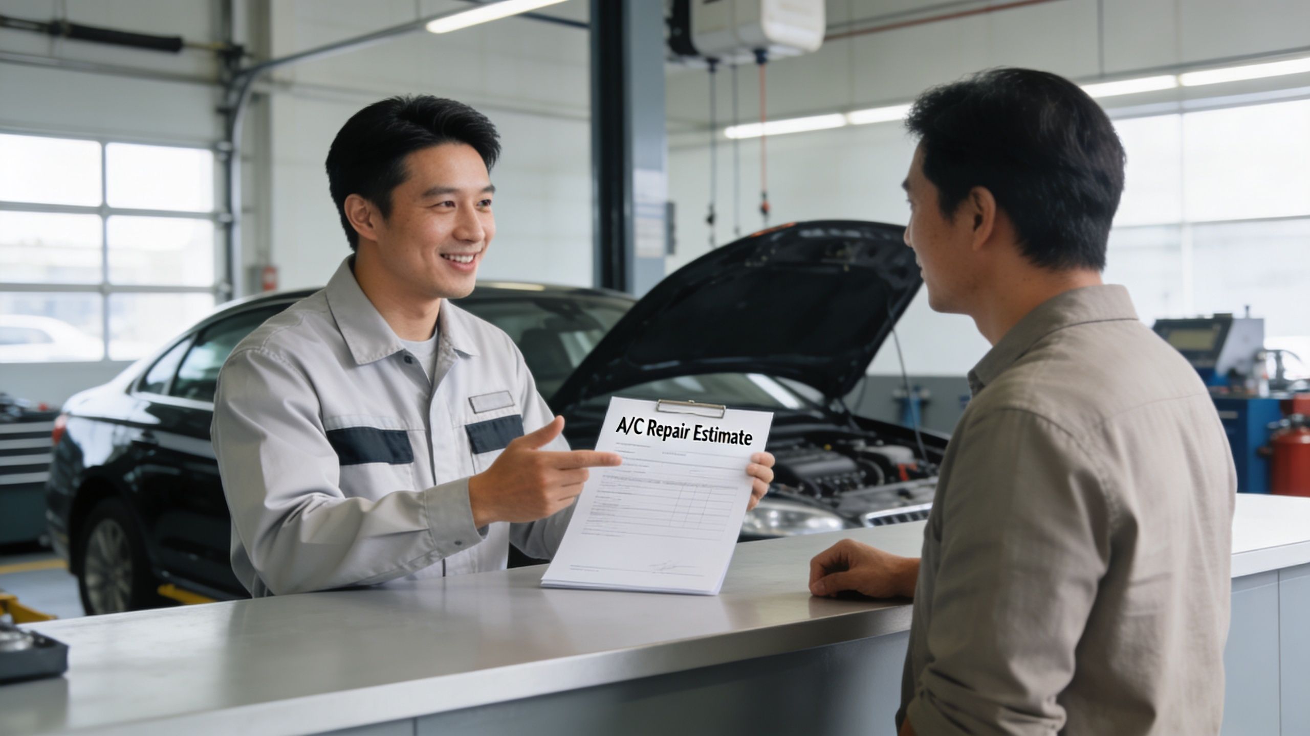 A friendly car mechanic showing an A/C repair estimate to a customer in an auto repair shop.