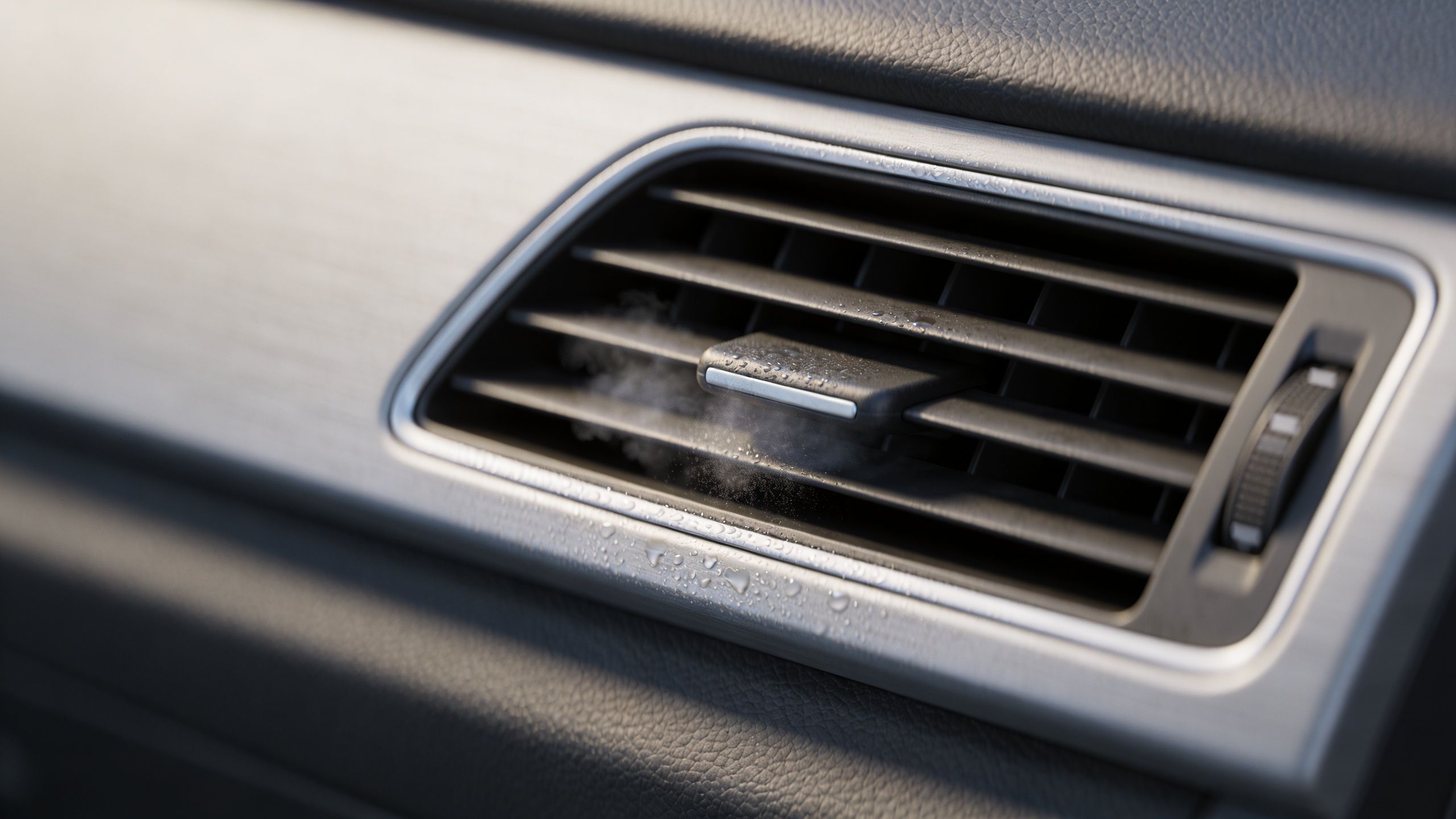 A close-up view of a car air conditioning vent blowing cold mist with visible water droplets.