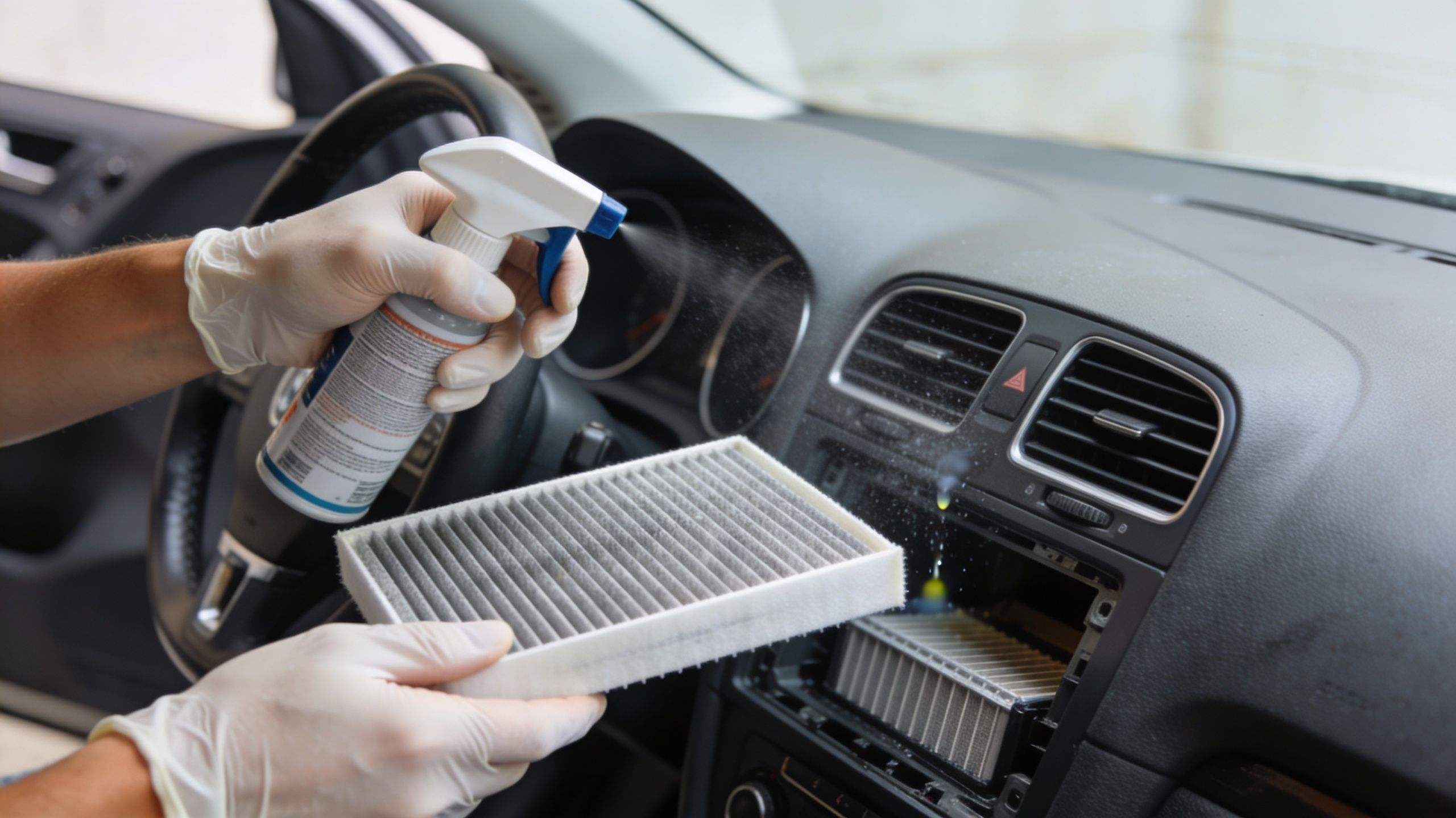 A technician wearing protective gloves sprays disinfectant onto a car cabin air filter during maintenance.
