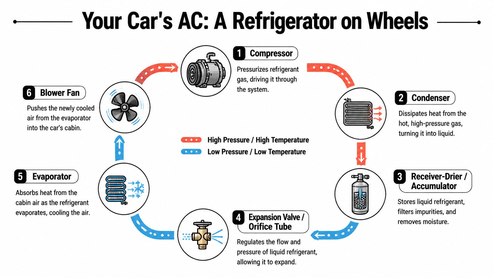 A diagram illustrating the six components and cooling cycle process of an automotive air conditioning system.