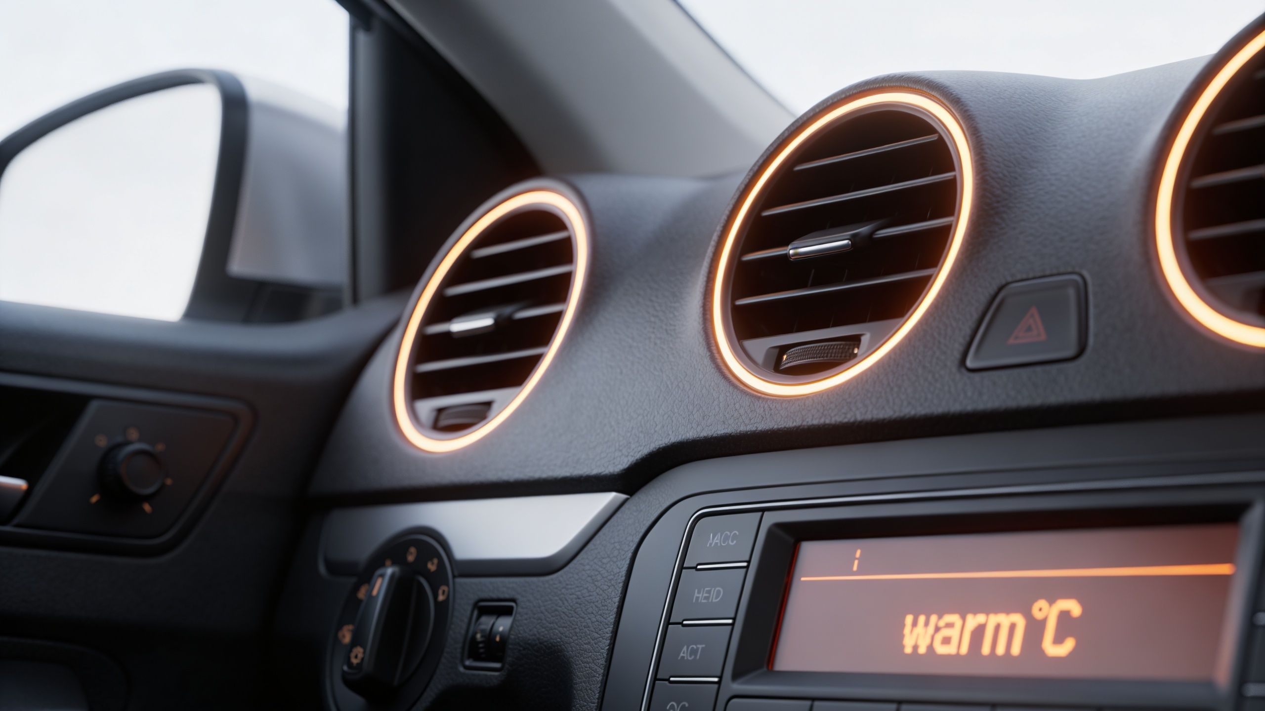 Close-up of a modern car dashboard interior showing circular air conditioning vents with orange ambient lighting.