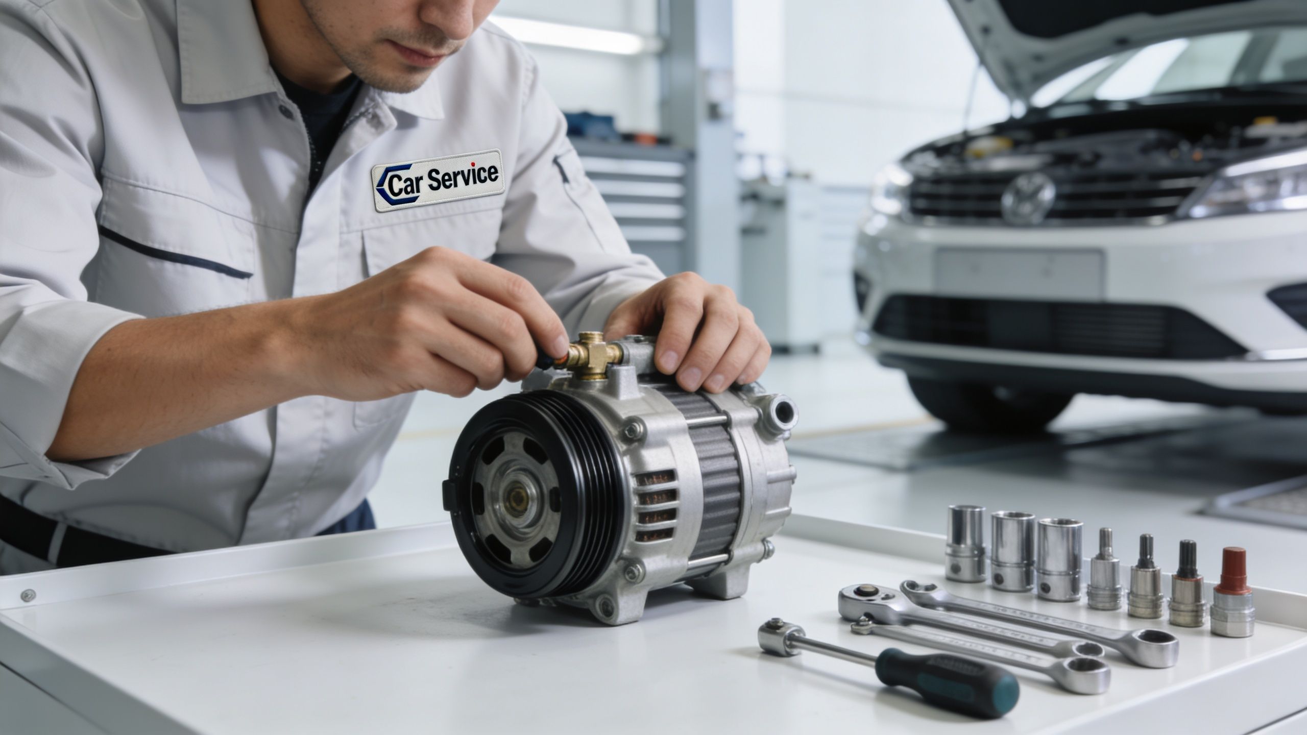 A professional mechanic in a uniform examines an automotive air conditioning compressor on a workshop workbench.