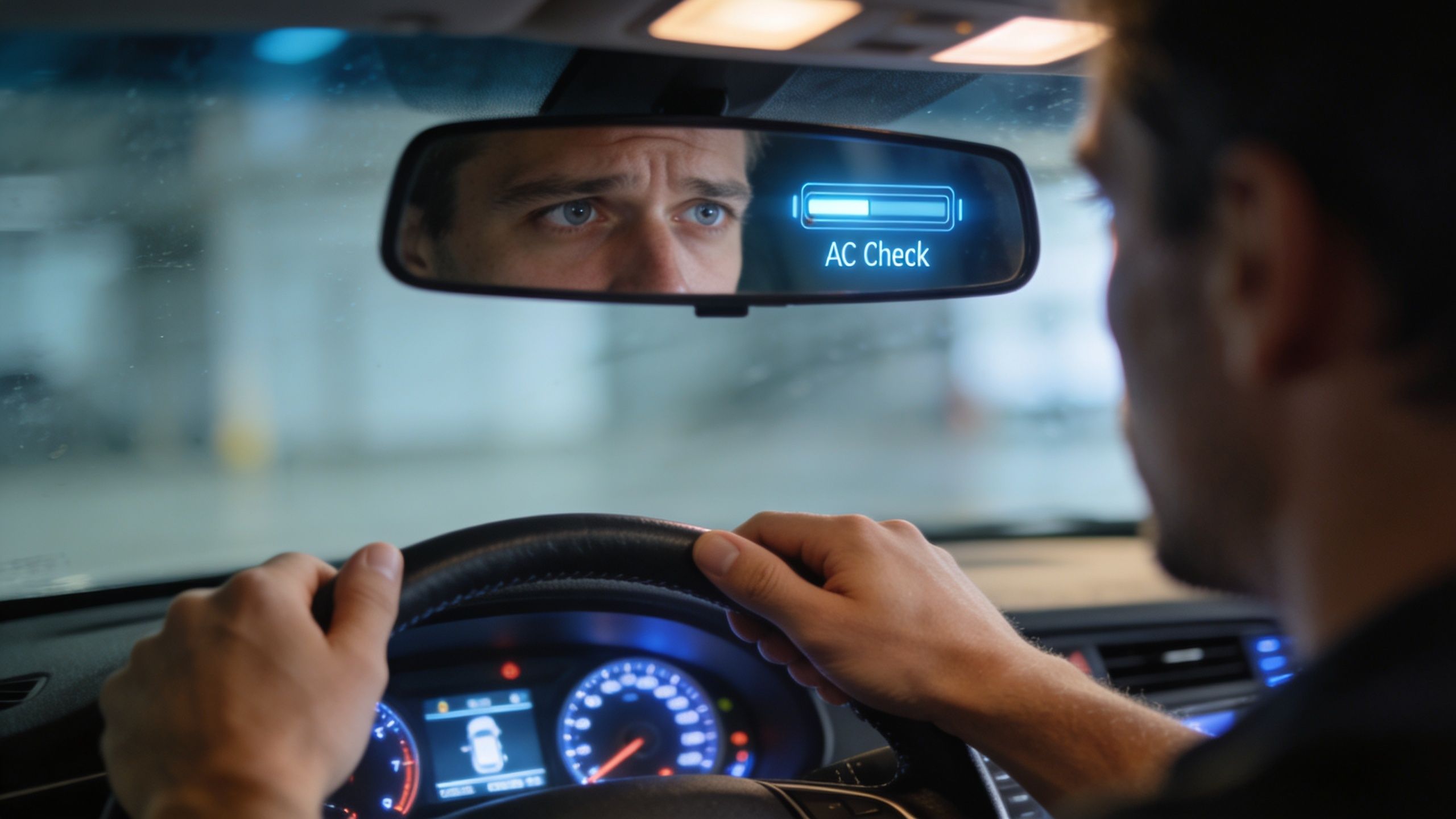 A man driving a car looking at an AC check notification on the rearview mirror display.