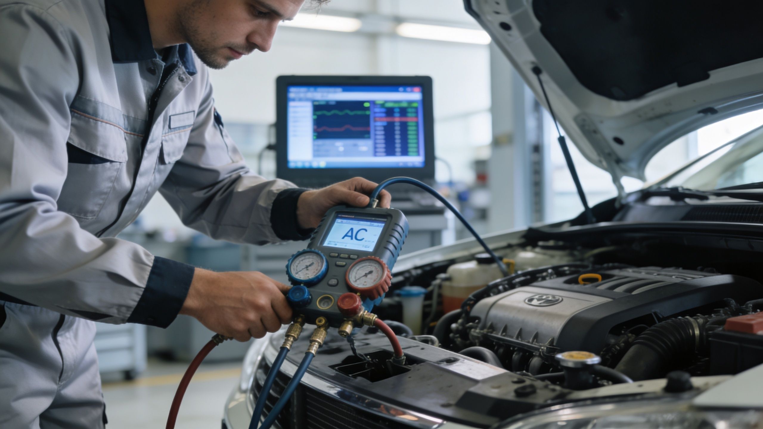A professional automotive technician uses a digital gauge set to inspect a car air conditioning system.