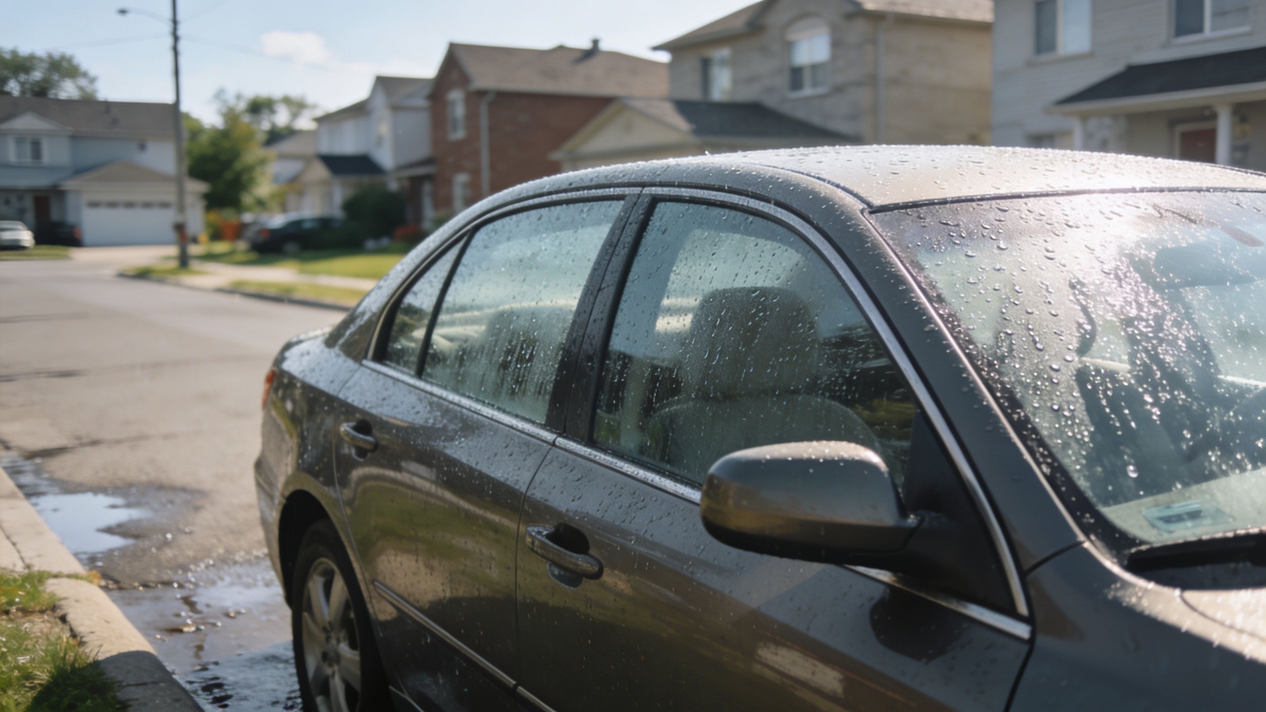 A gray sedan parked on a quiet residential street covered in rain droplets on a bright day.