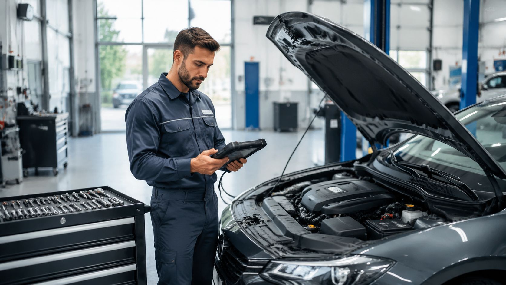 Auto Emissions Testing Near Me: A 2026 Ontario Guide 10 A professional mechanic in a blue uniform inspecting a car engine with a diagnostic scan tool