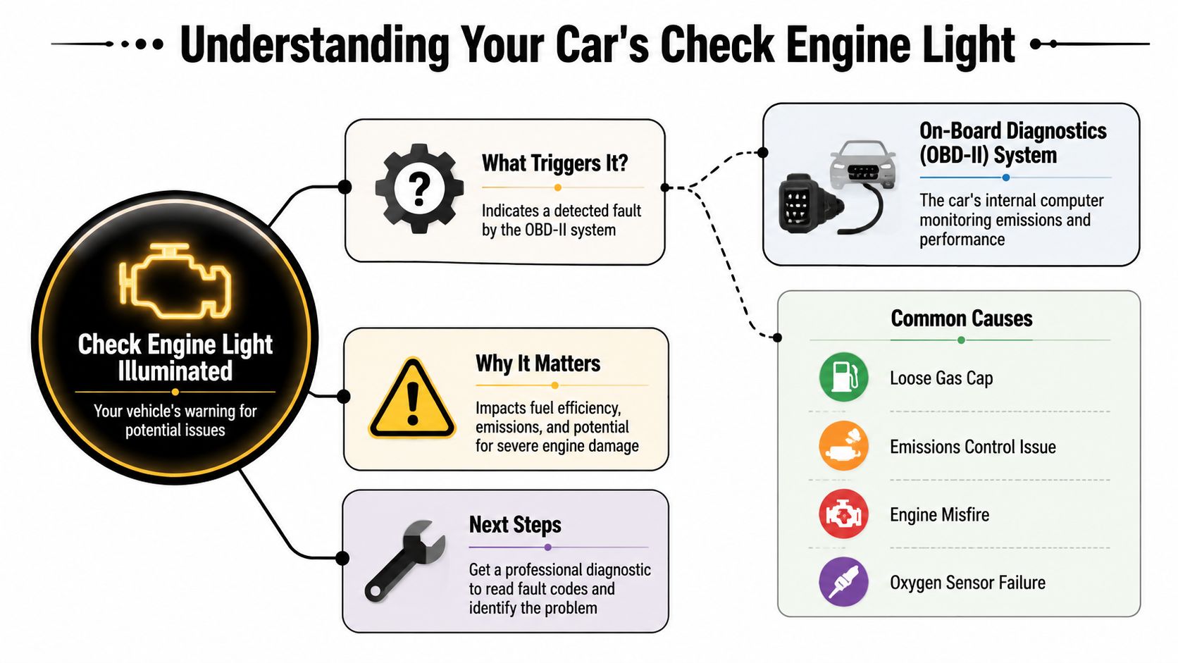 Auto Emissions Testing Near Me: A 2026 Ontario Guide 9 An infographic explaining why a car's check engine light illuminates and common causes for the warning.