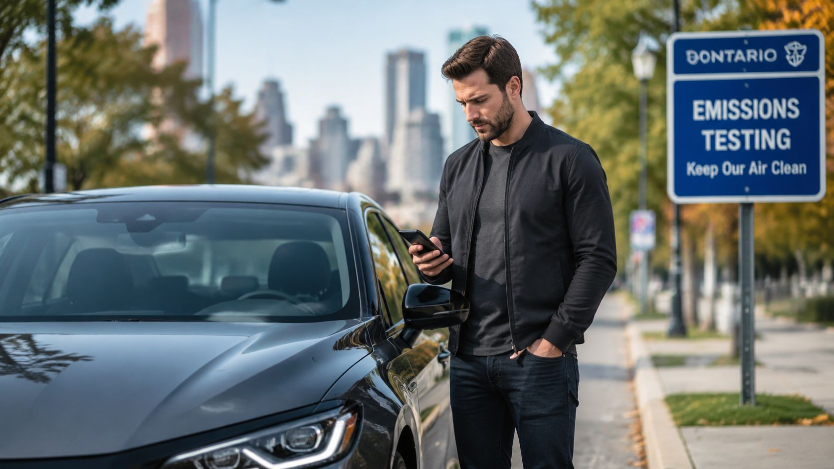 Auto Emissions Testing Near Me: A 2026 Ontario Guide 8 A man using his smartphone next to his car near an emissions testing facility sign in Ontario.