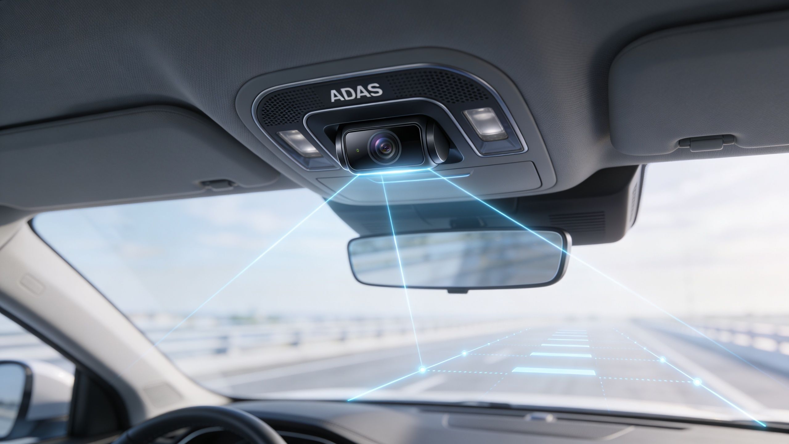 A car interior showing an ADAS camera system mounted on the ceiling for monitoring the road ahead.