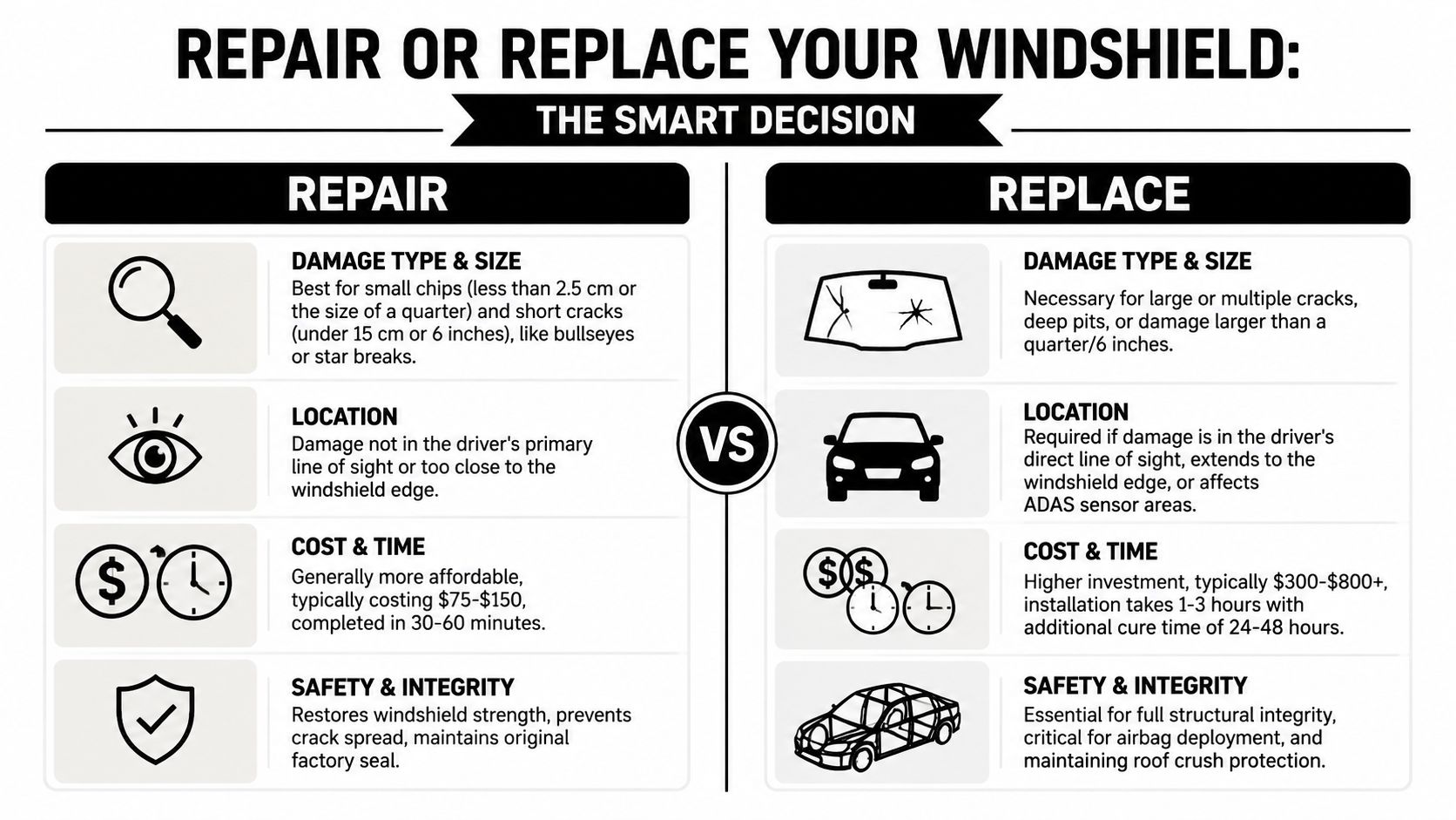 An infographic comparing the benefits and considerations of windshield repair versus full windshield replacement.