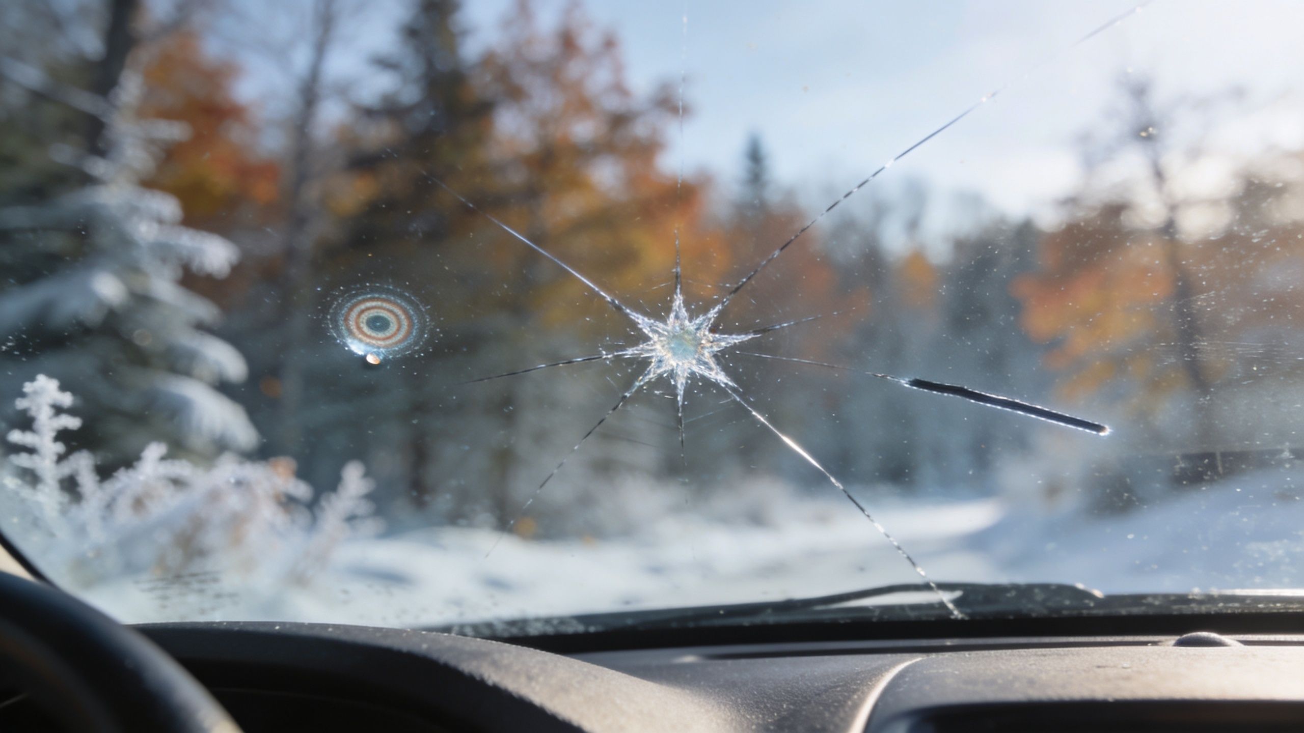 A close-up view of a damaged car windshield featuring a star-shaped crack and a bullseye impact mark.