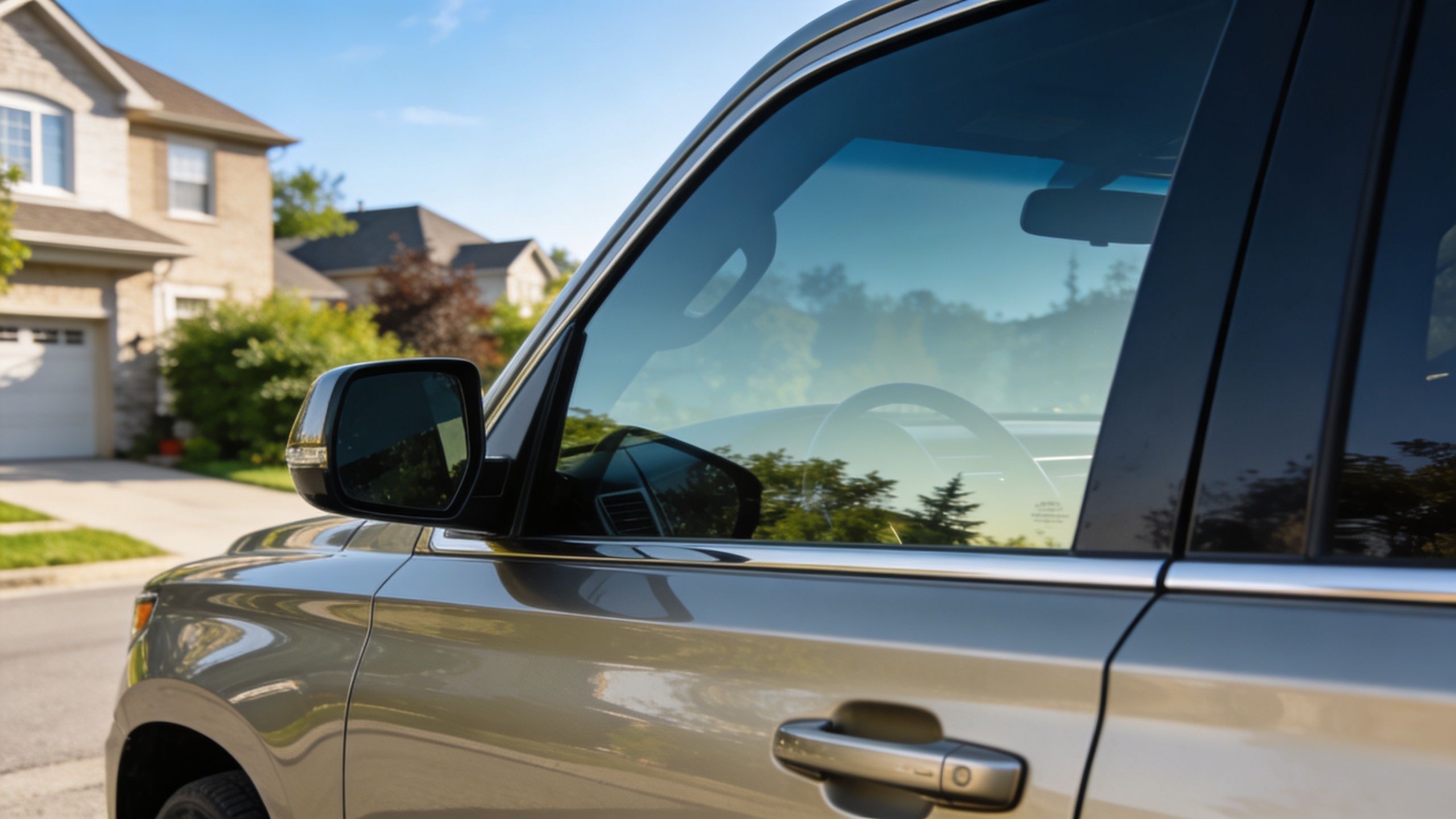 Auto Window Tinting Services: A Whitby Driver's Guide 3 A close-up view of a car door showing the reflective glass of the window tinting.