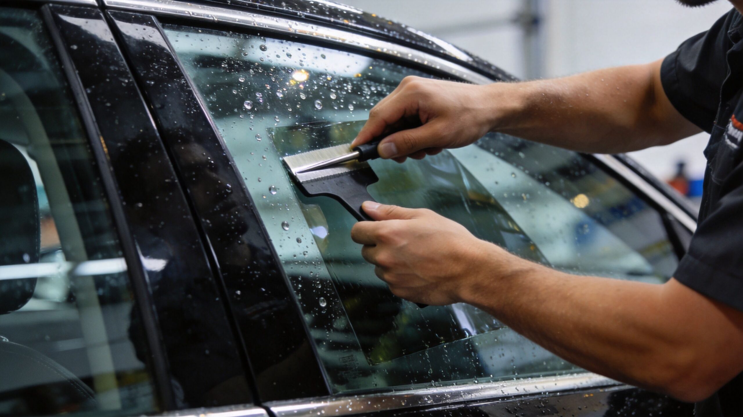 Auto Window Tinting Services: A Whitby Driver's Guide 4 A professional technician applying window tint film to a car door glass using a specialized squeegee tool.