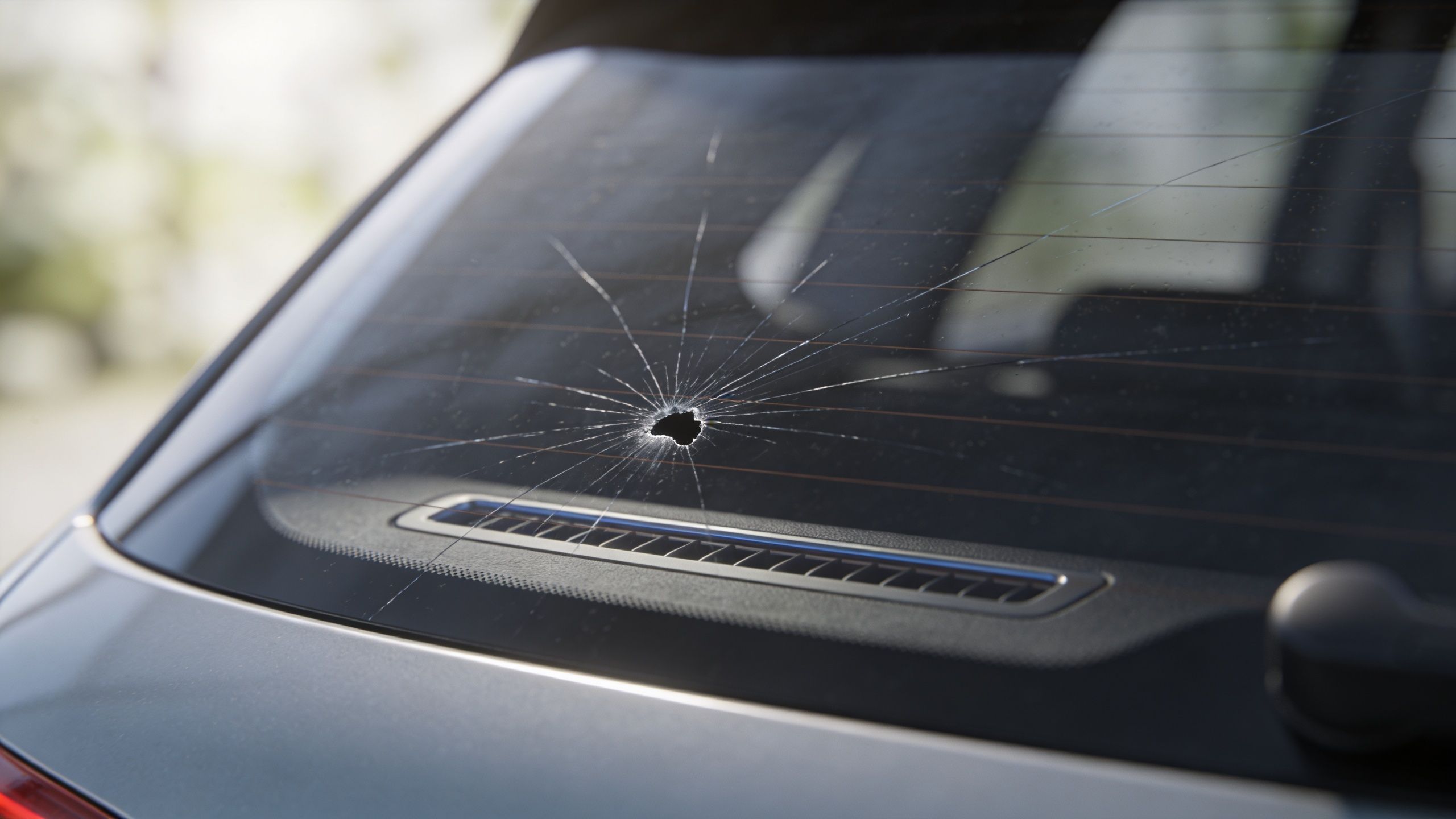 A close-up view of a shattered rear car window with a circular impact hole and radiating cracks.