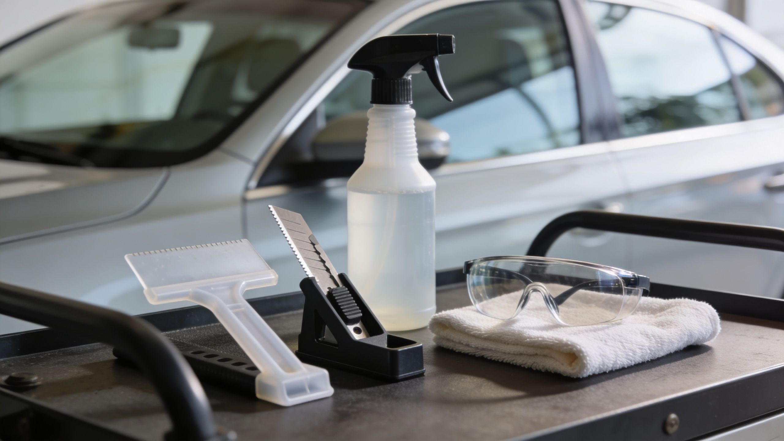 Cleaning supplies including a spray bottle, scraper, and safety glasses on a cart for automotive window tint removal.