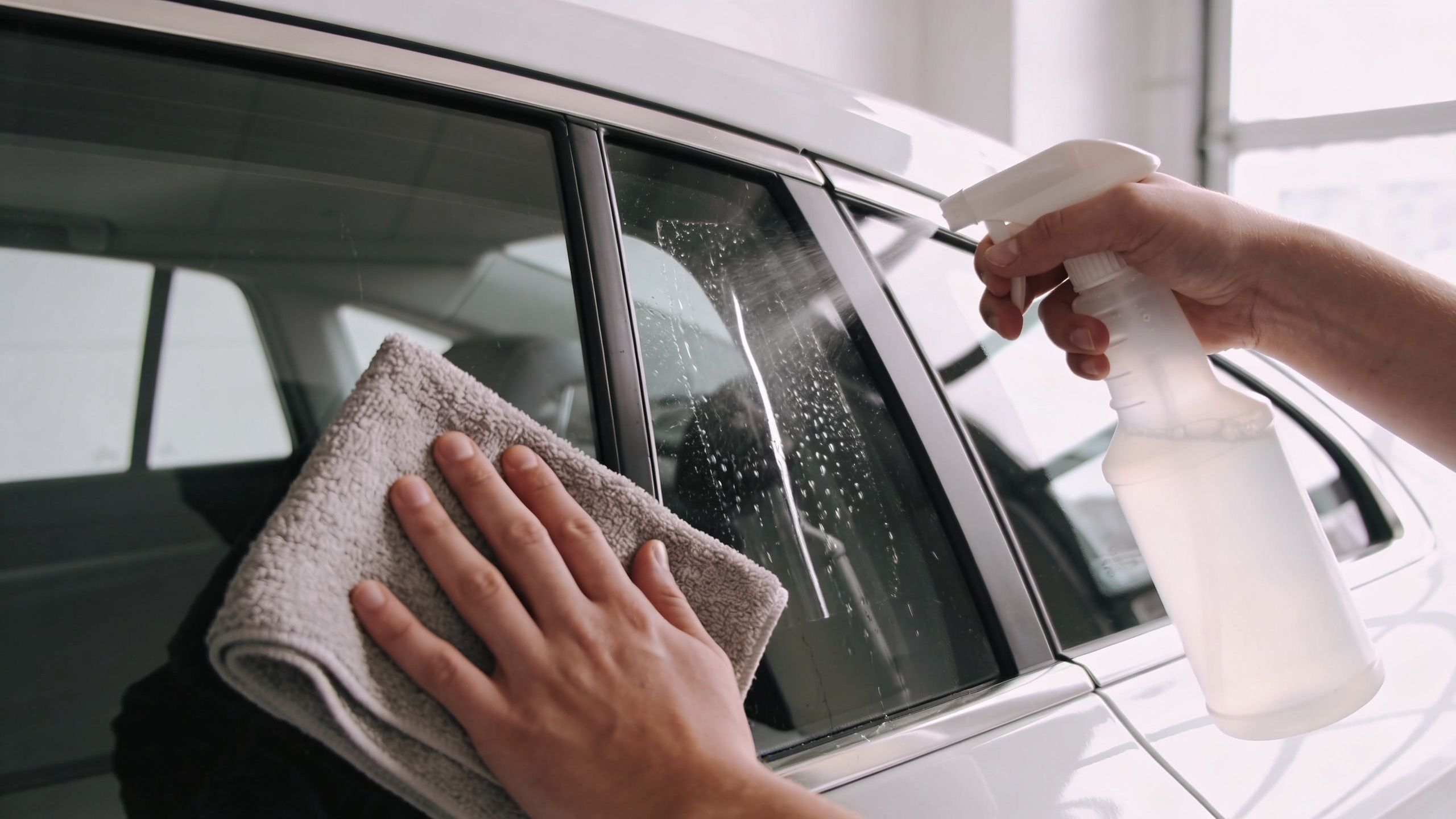 A professional cleaning the car window with a spray bottle and a microfiber cloth in an auto shop.