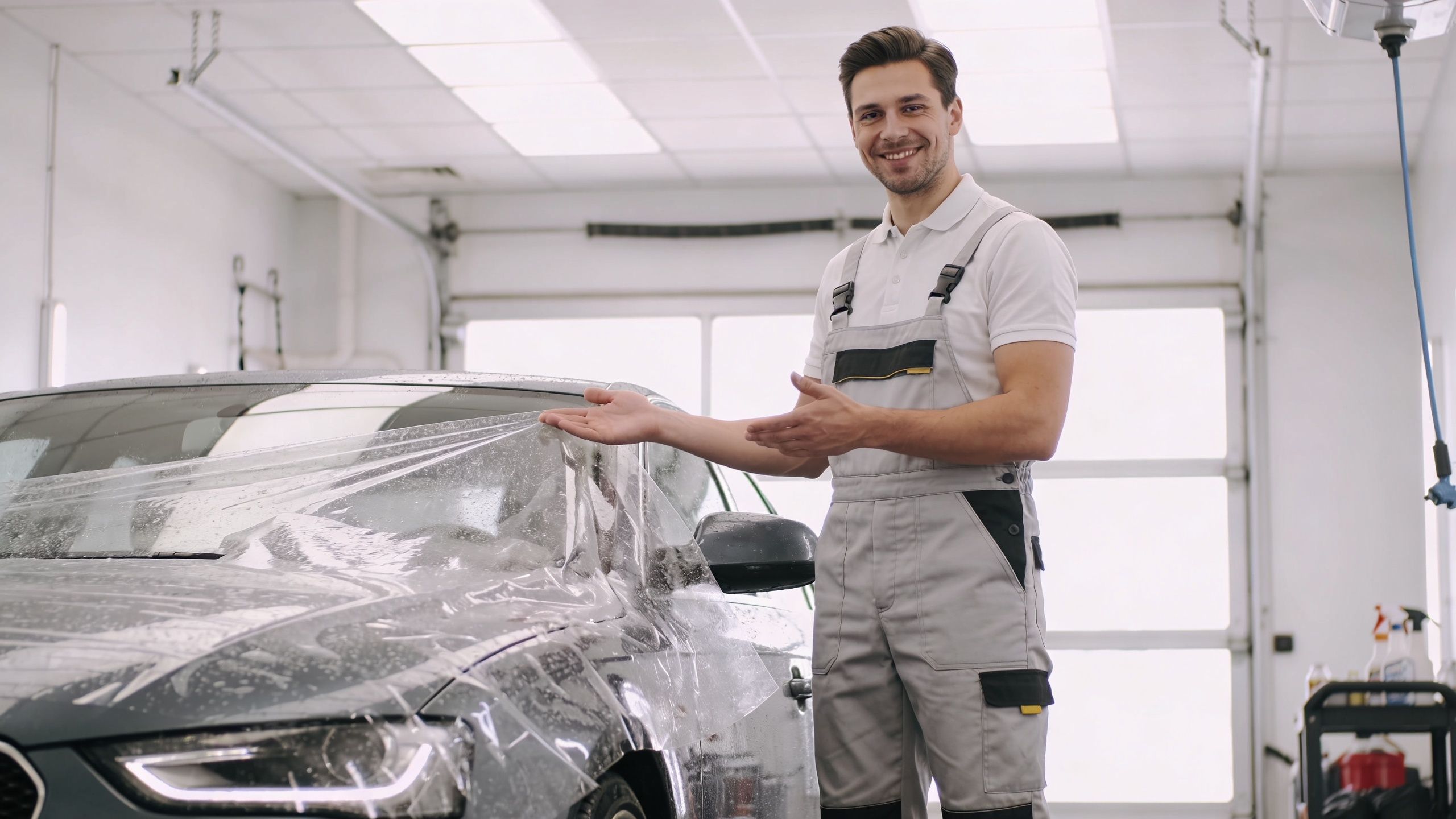 A professional car technician in a workshop demonstrating paint protection film applied to a grey vehicle.