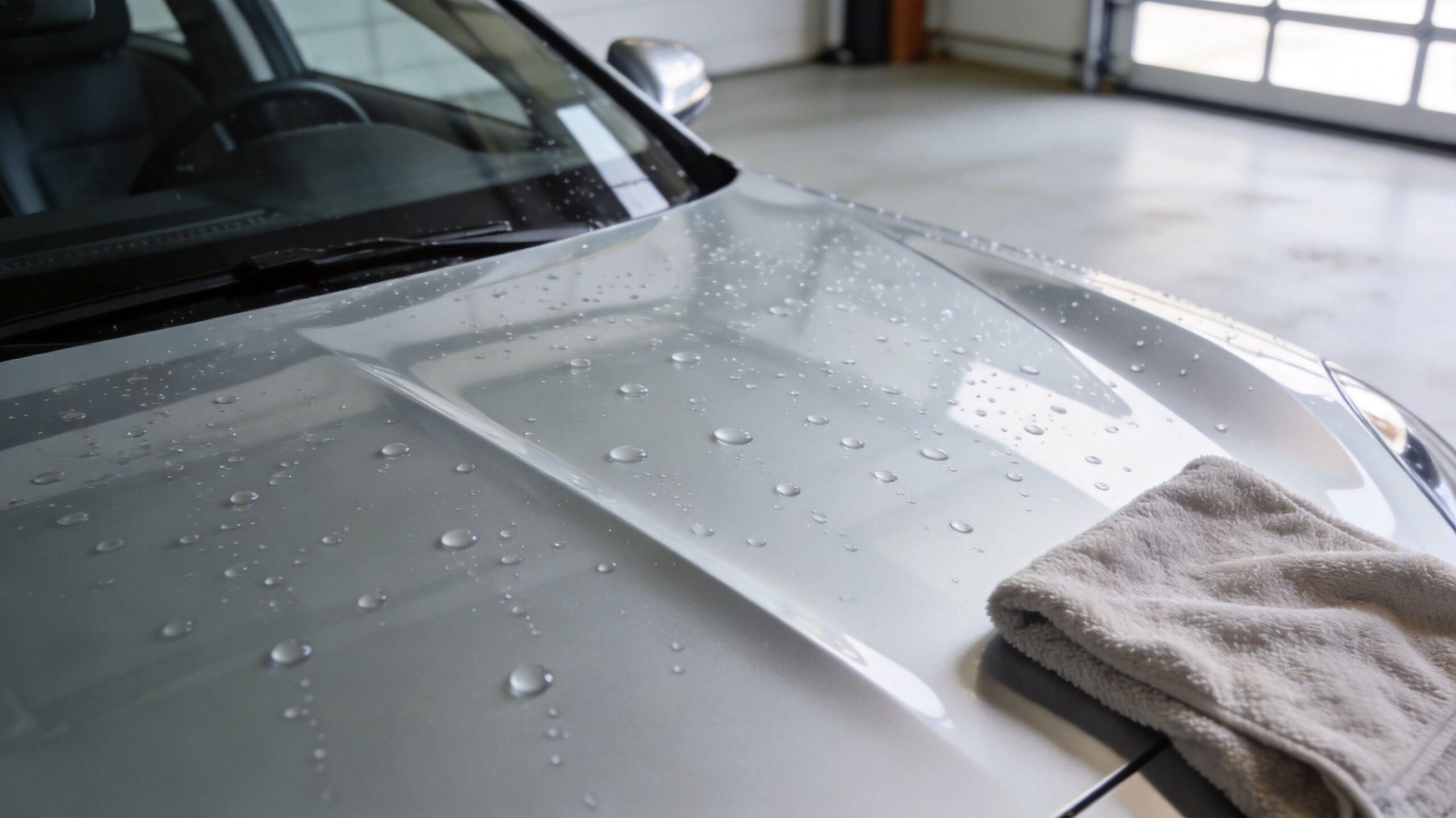A clean silver car hood with water beads showing excellent hydrophobicity after applying paint protection film.