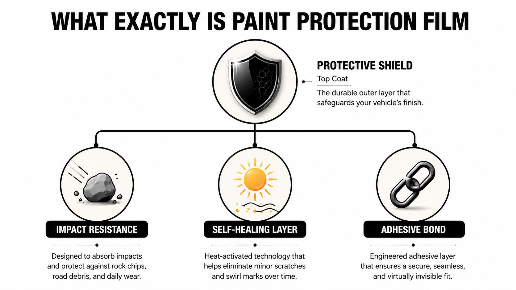 An infographic detailing the benefits of paint protection film for vehicles, including impact resistance, self-healing, and adhesive properties.