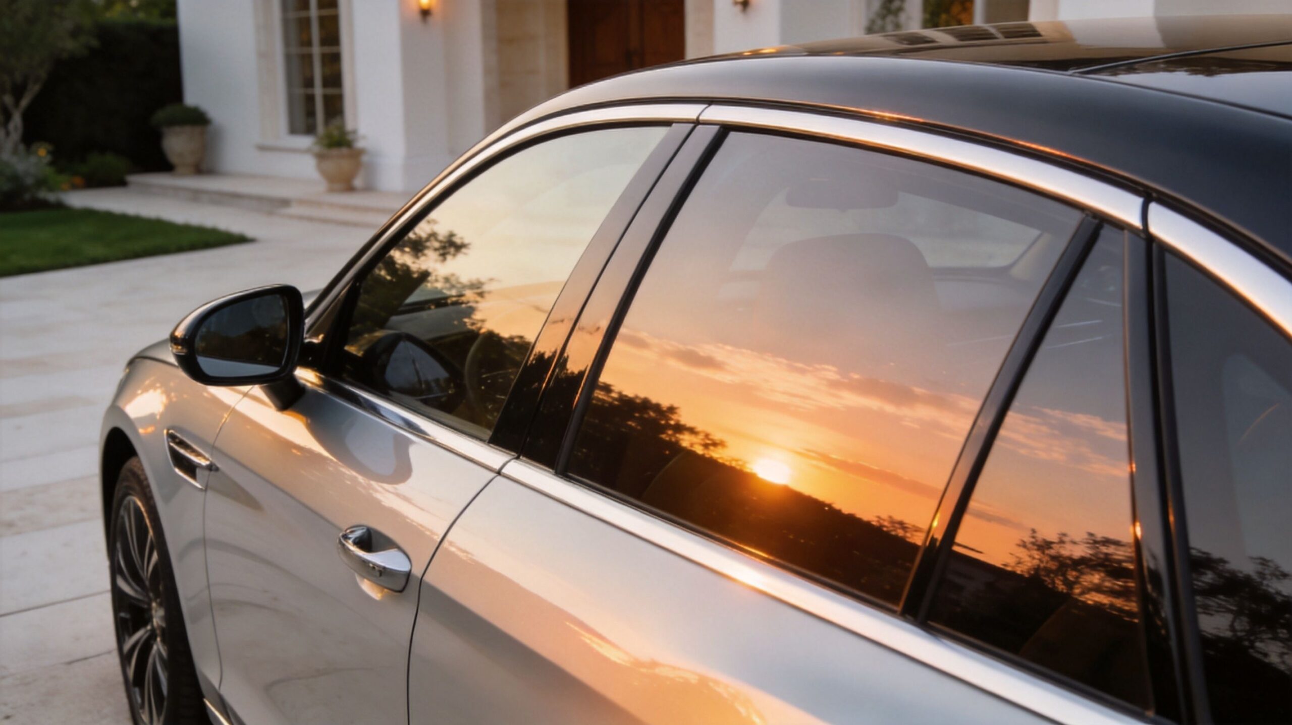 A sleek silver luxury car parked in a driveway reflecting a beautiful golden sunset on its windows.