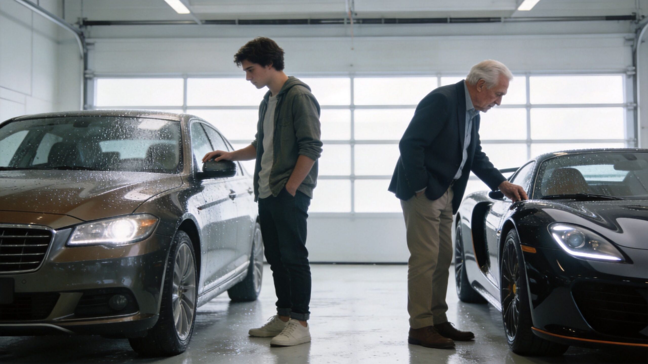 A young man and an older man inspect different cars in a bright, modern indoor garage setting.