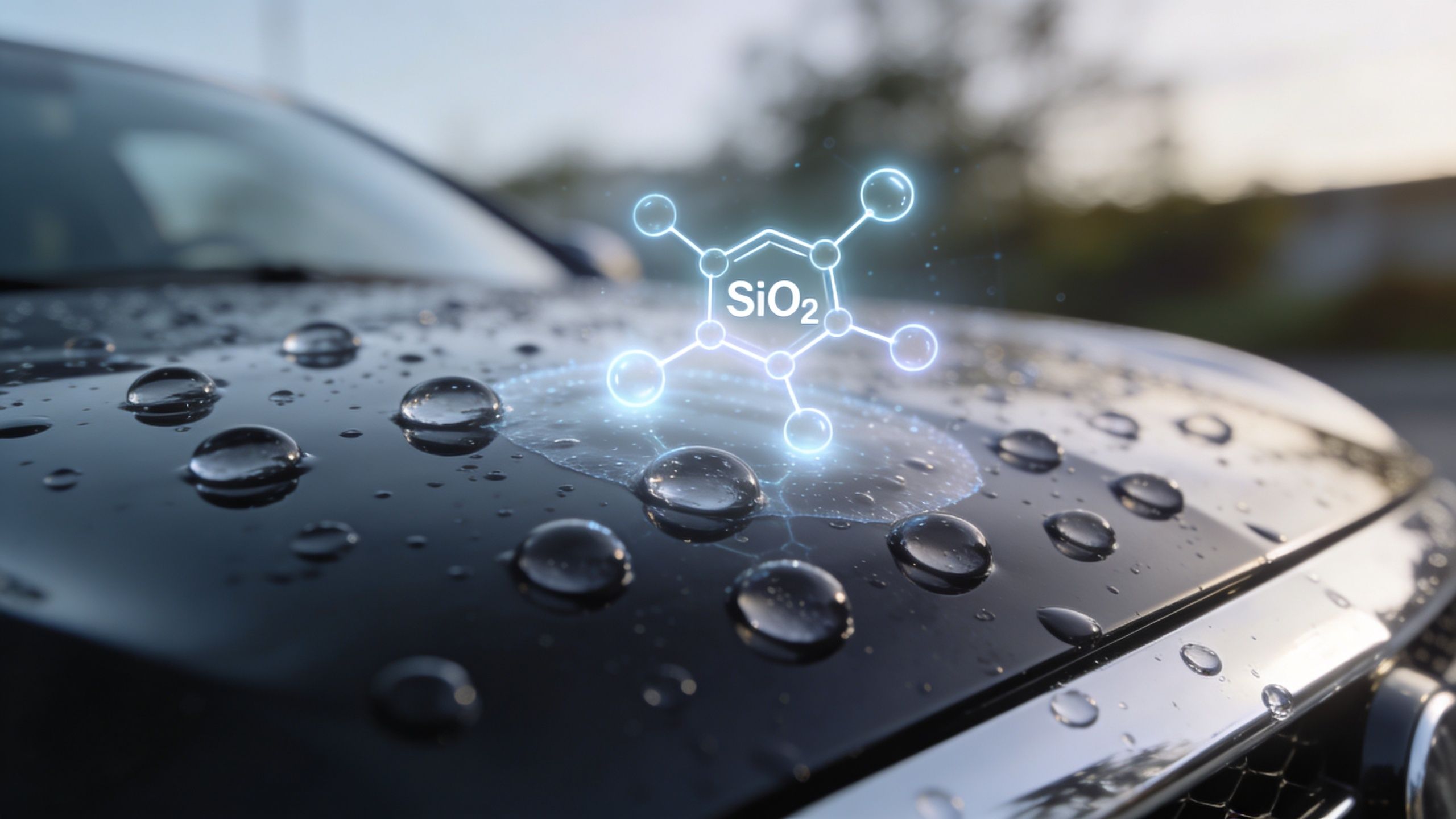 A close-up view of a car hood with water beads and a glowing digital SiO2 molecular structure graphic.