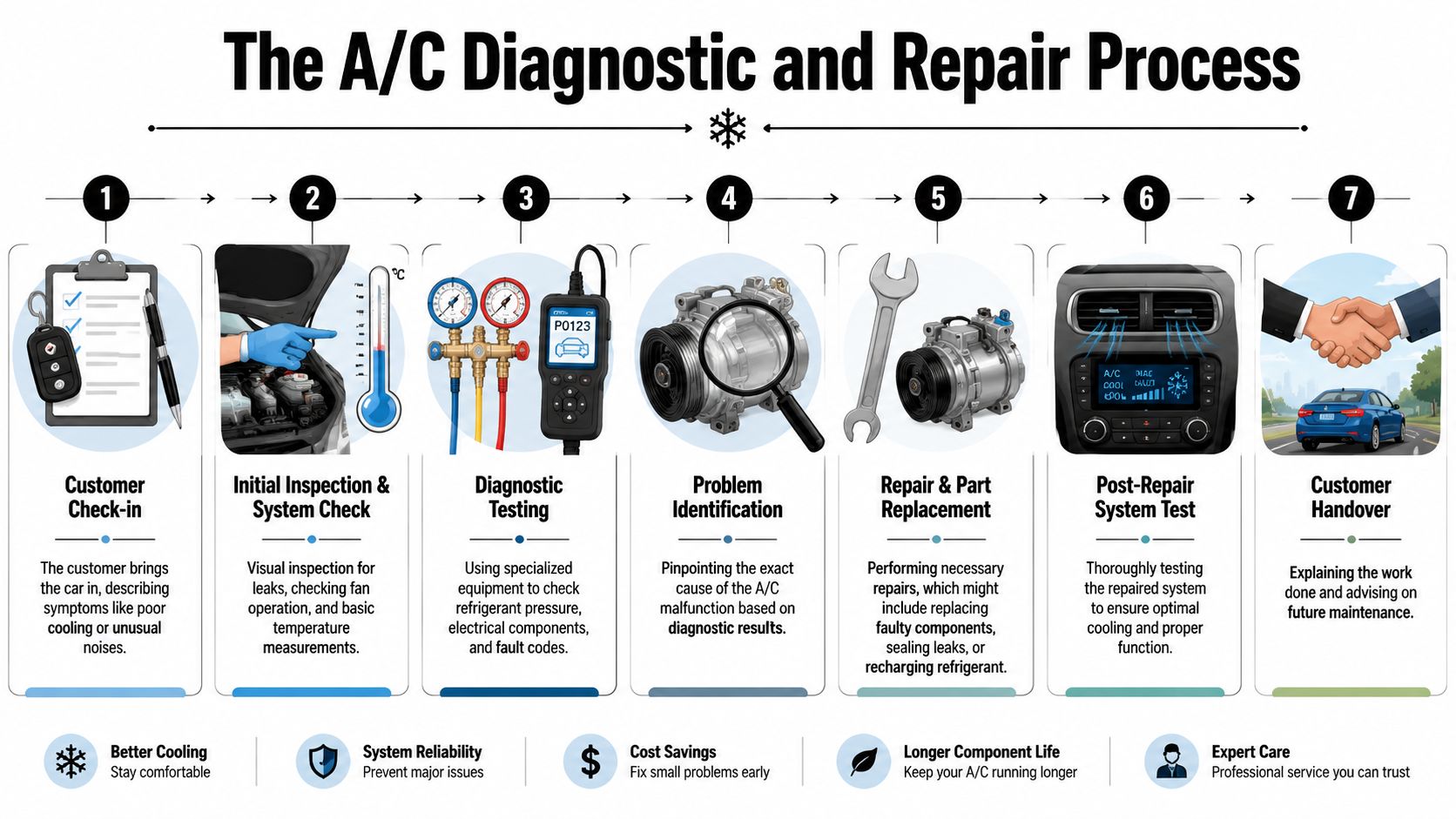 A step-by-step infographic showing the professional A/C diagnostic and repair process for car air conditioning systems.