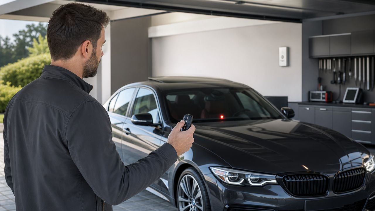 Car Alarm Systems Near Me: A Local Pro's Guide 3 A man uses a remote control to deactivate a car alarm system in a modern garage.