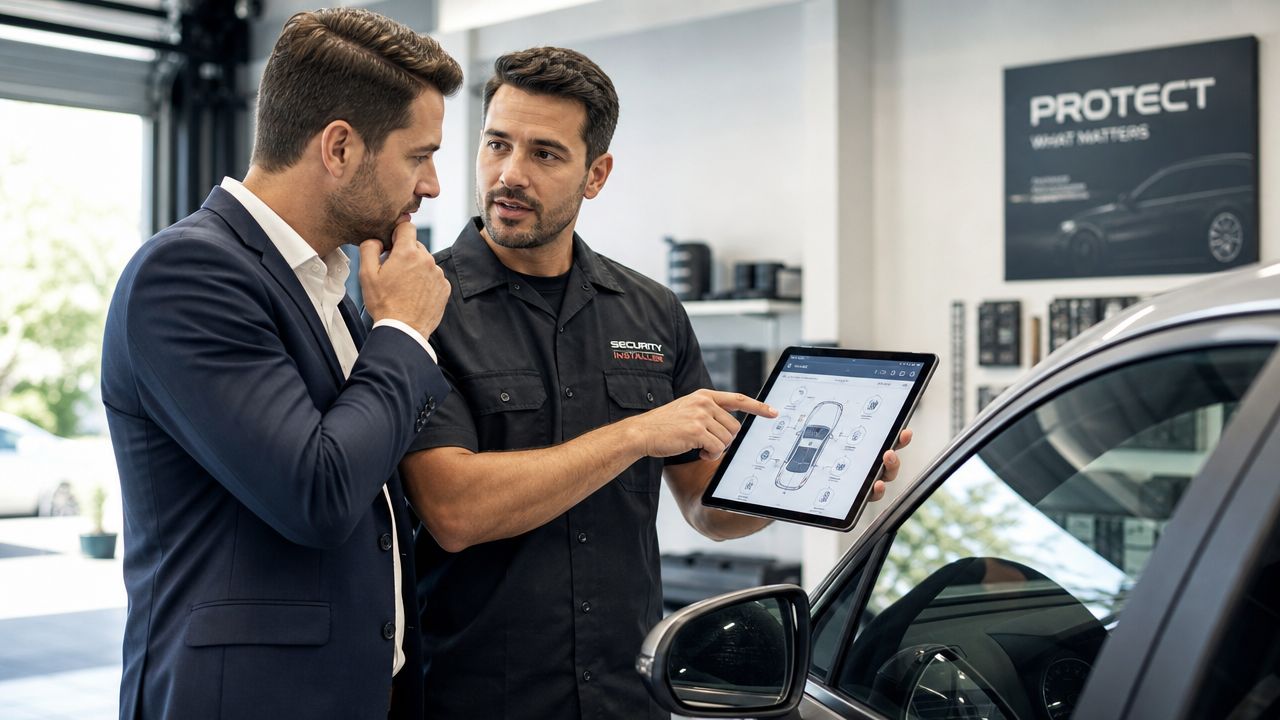 Car Alarm Systems Near Me: A Local Pro's Guide 1 A professional car security technician explains car alarm system features on a tablet to a customer.